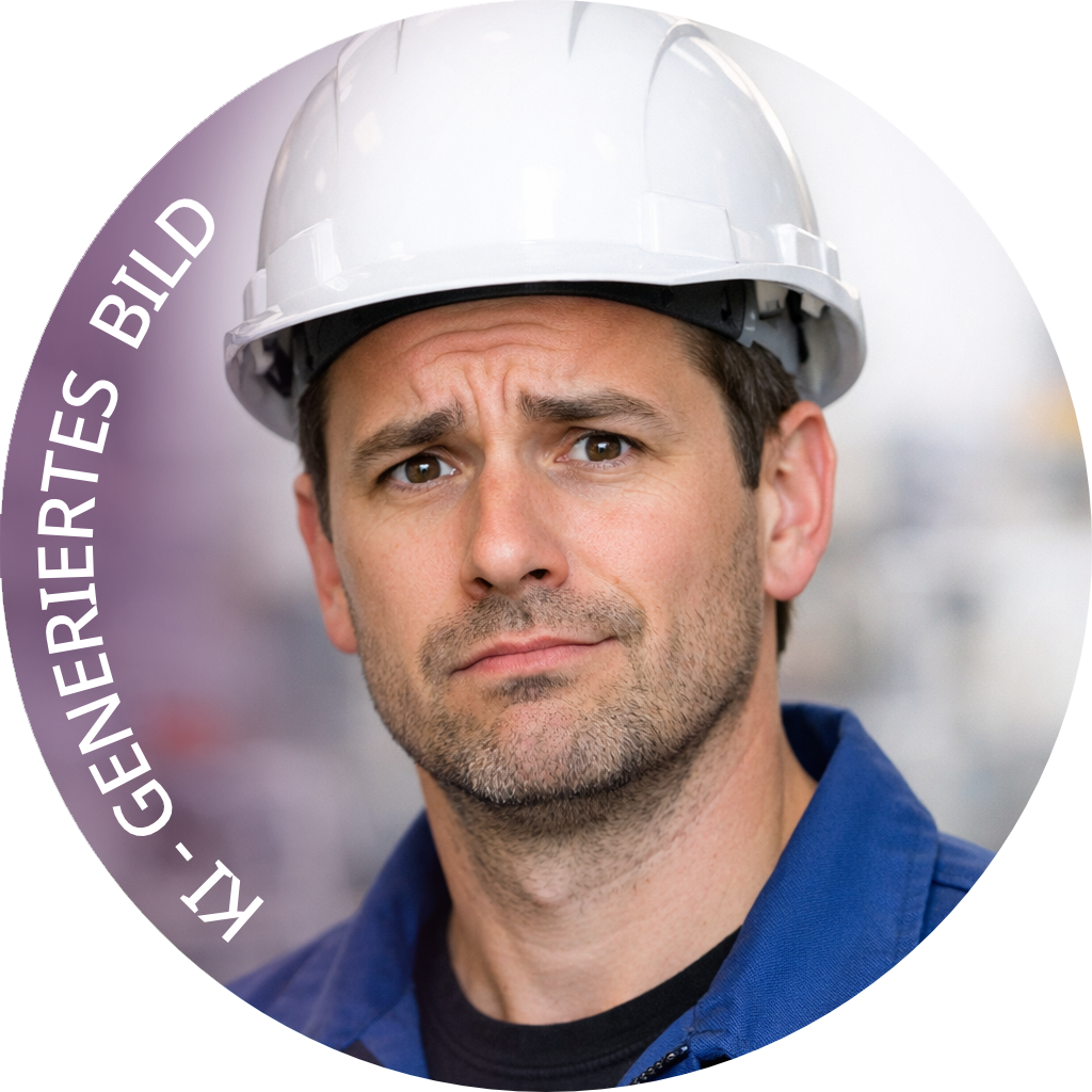 A production expert wearing a white construction helmet and blue work shirt, looking at the camera with a sceptical expression. The image includes the text 'AI- GENERATED PICURE' in a curved shape on the left.