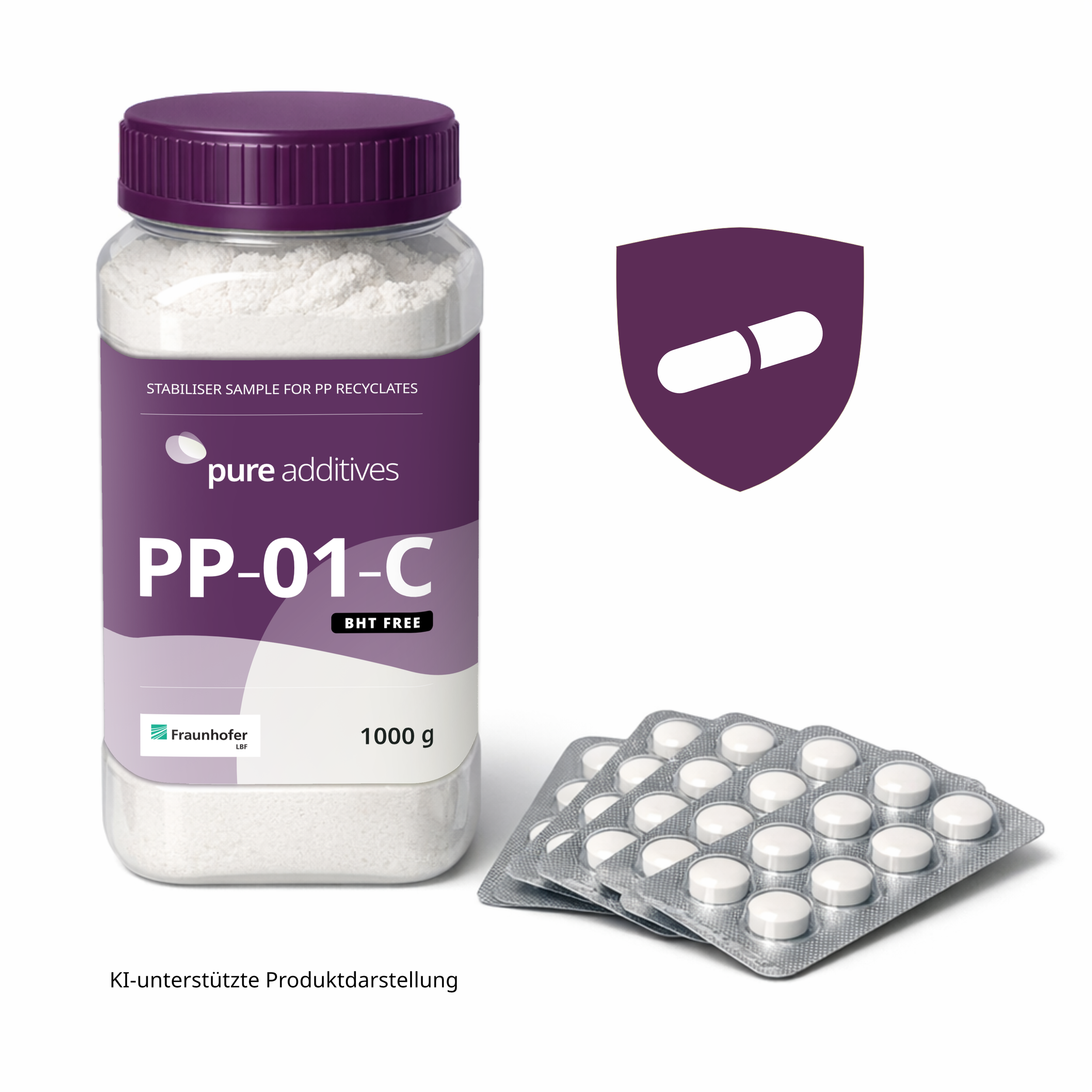 A clear plastic container of pale additive powder labeled 'pure additives PP-01-C' - BHT FREE with a purple screw-on lid, beside a medication blister with pills and an icon with a shield and pill inside. The image is partly AI- GENERATED.
