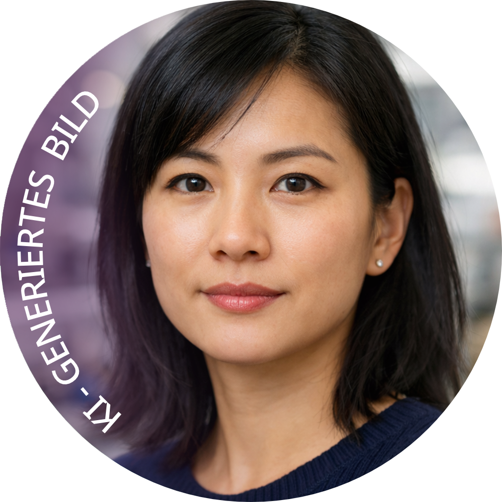 Close-up portrait of a production expert with shoulder-length dark hair, wearing a navy blue top, against a blurred background. The image includes the text 'AI- GENERATED PICURE' in a curved shape on the left.