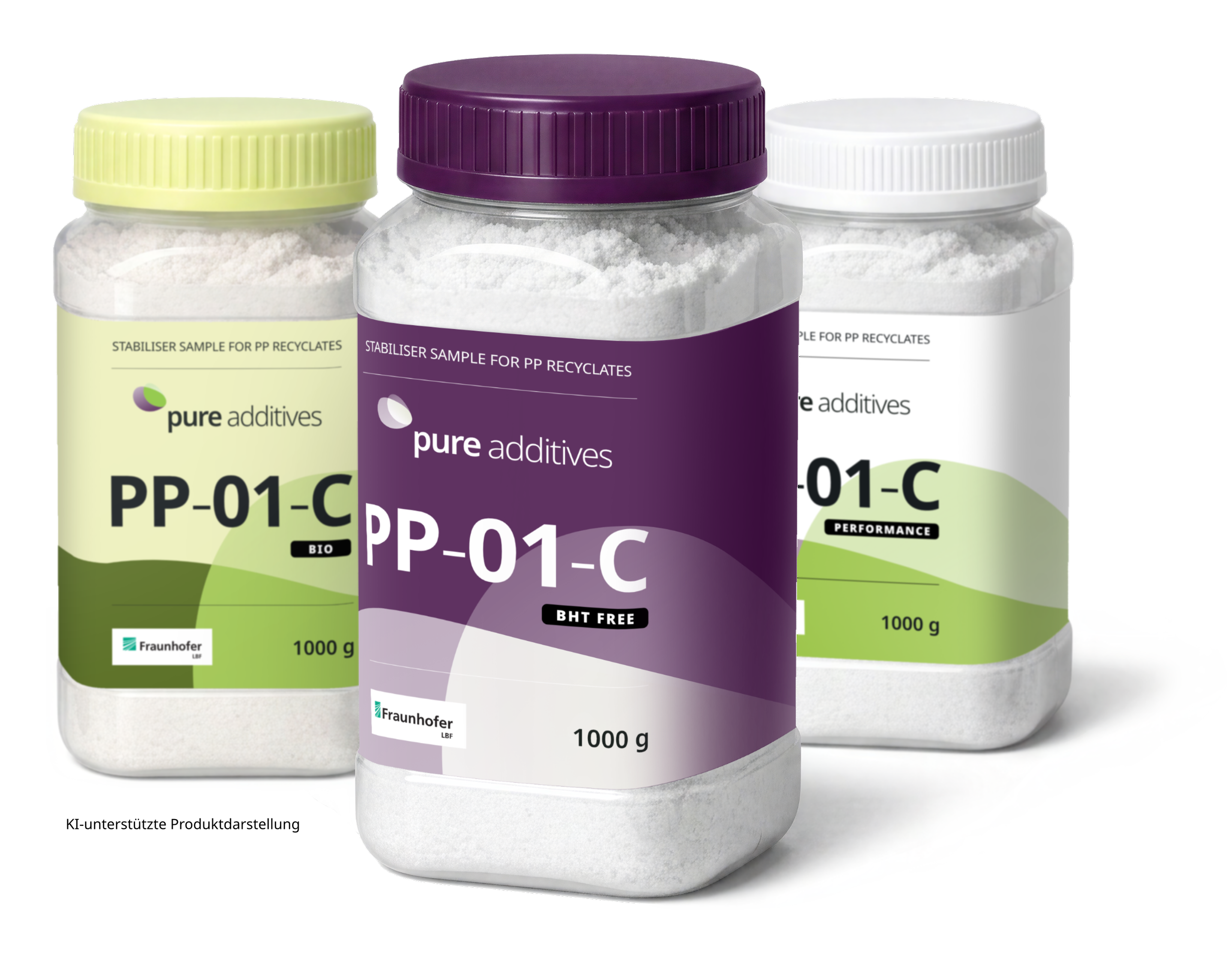 Three plastic container of pure additives stabilizer sample for PP plastics with colored caps (light green, purple and white), each labeled with product information and weight of 1000 grams. The image is partly AI- GENERATED.