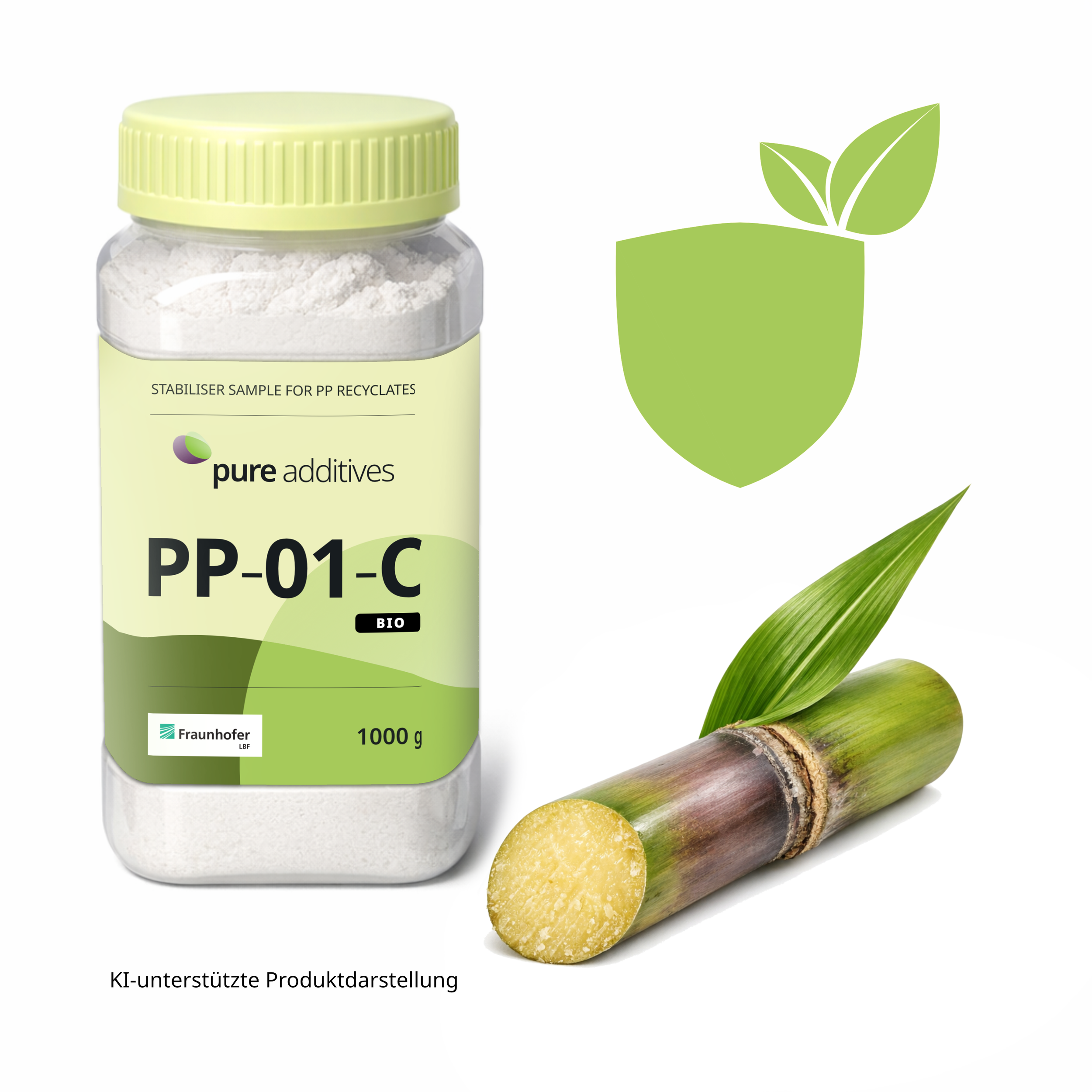 A clear plastic container of pale additive powder labeled 'pure additives PP-01-C' - BIO with a light green screw-on lid, beside a piece of sugar cane with a leaf and an icon with a shield and a leaf. The image is partly AI- GENERATED.