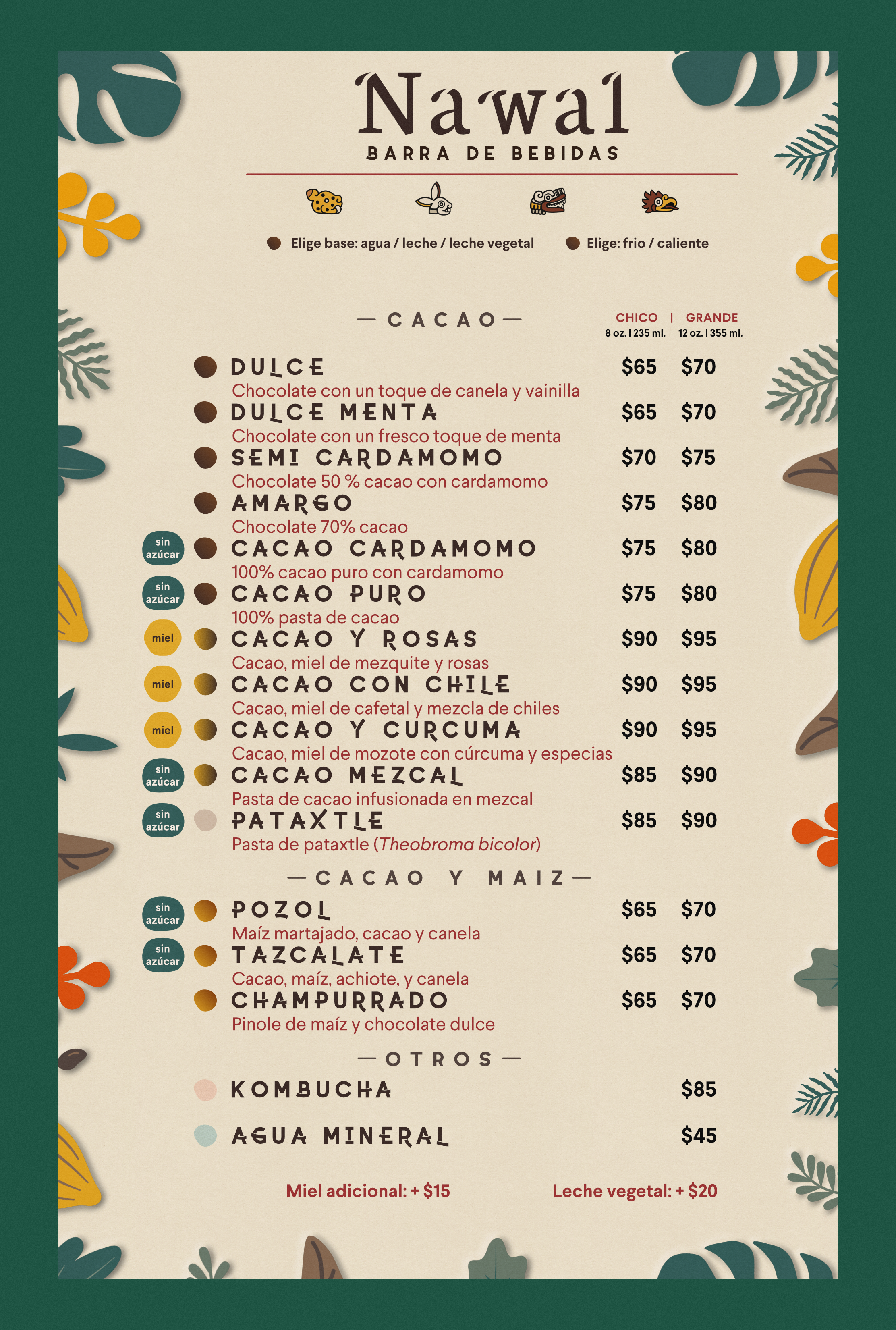 Menú de bebidas de cacao, con varias opciones de chocolates en diferentes presentaciones y sabores, además de kombucha y agua mineral.