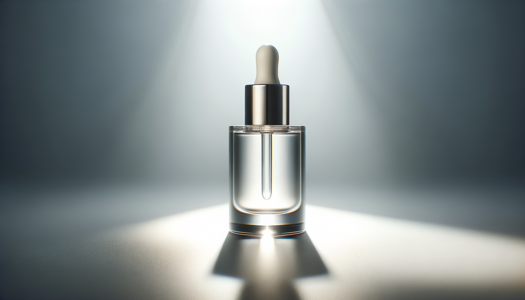 A clear glass dropper bottle filled with a transparent liquid, with a white dropper cap, illuminated by a spotlight against a gray background.