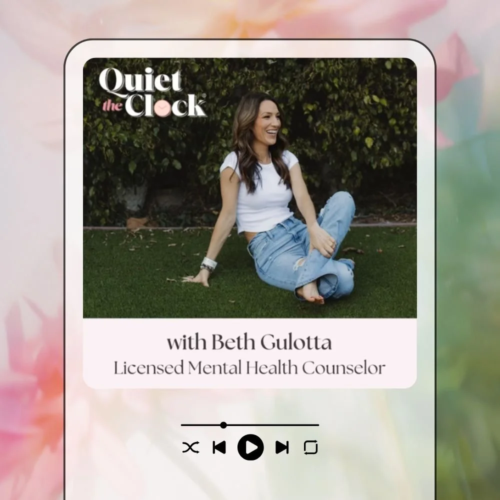 Thumbnail for the Quiet the Clock podcast over multicolor flowers