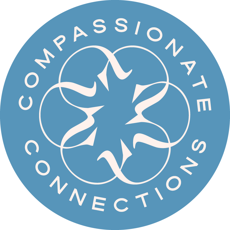 Blue circle with a logo of overlapping light pink Cs