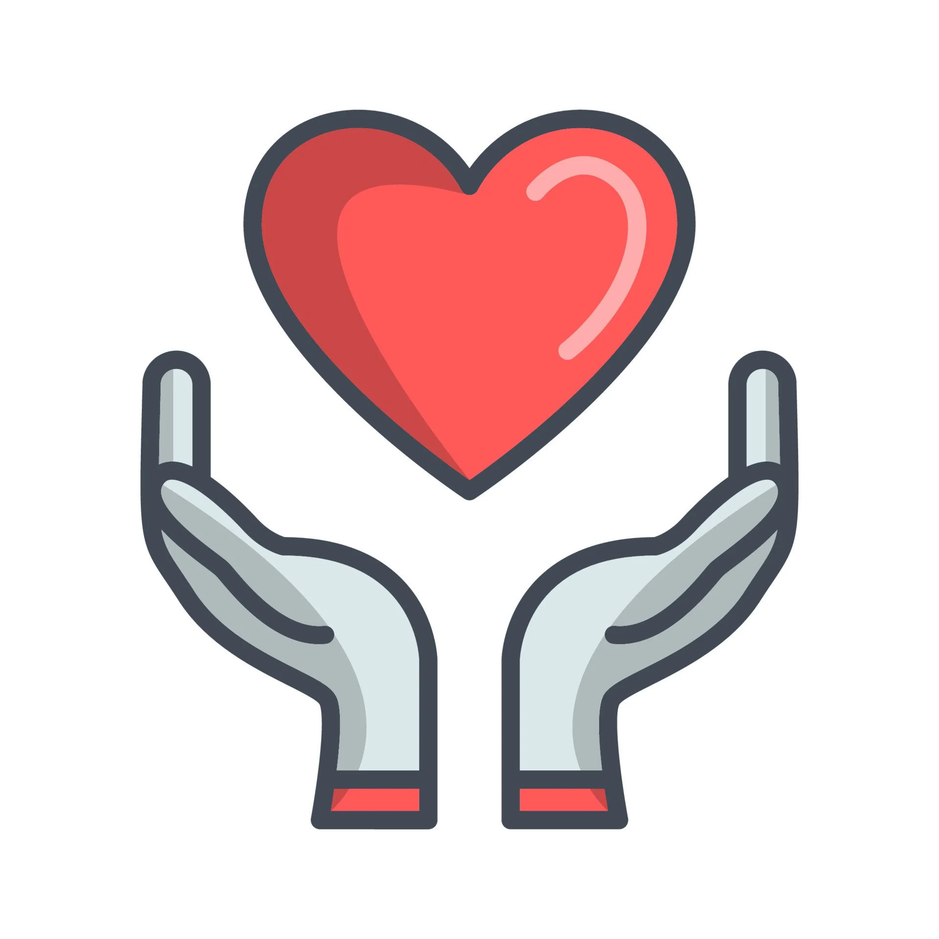 Illustration of two gray hands holding a red heart.