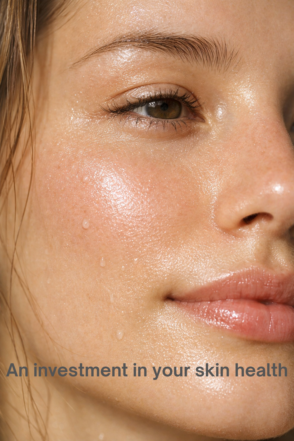Close-up of a woman's face showing clear, hydrated skin with a few water droplets, emphasizing skin health, with the text 'An investment in your skin health' at the bottom.