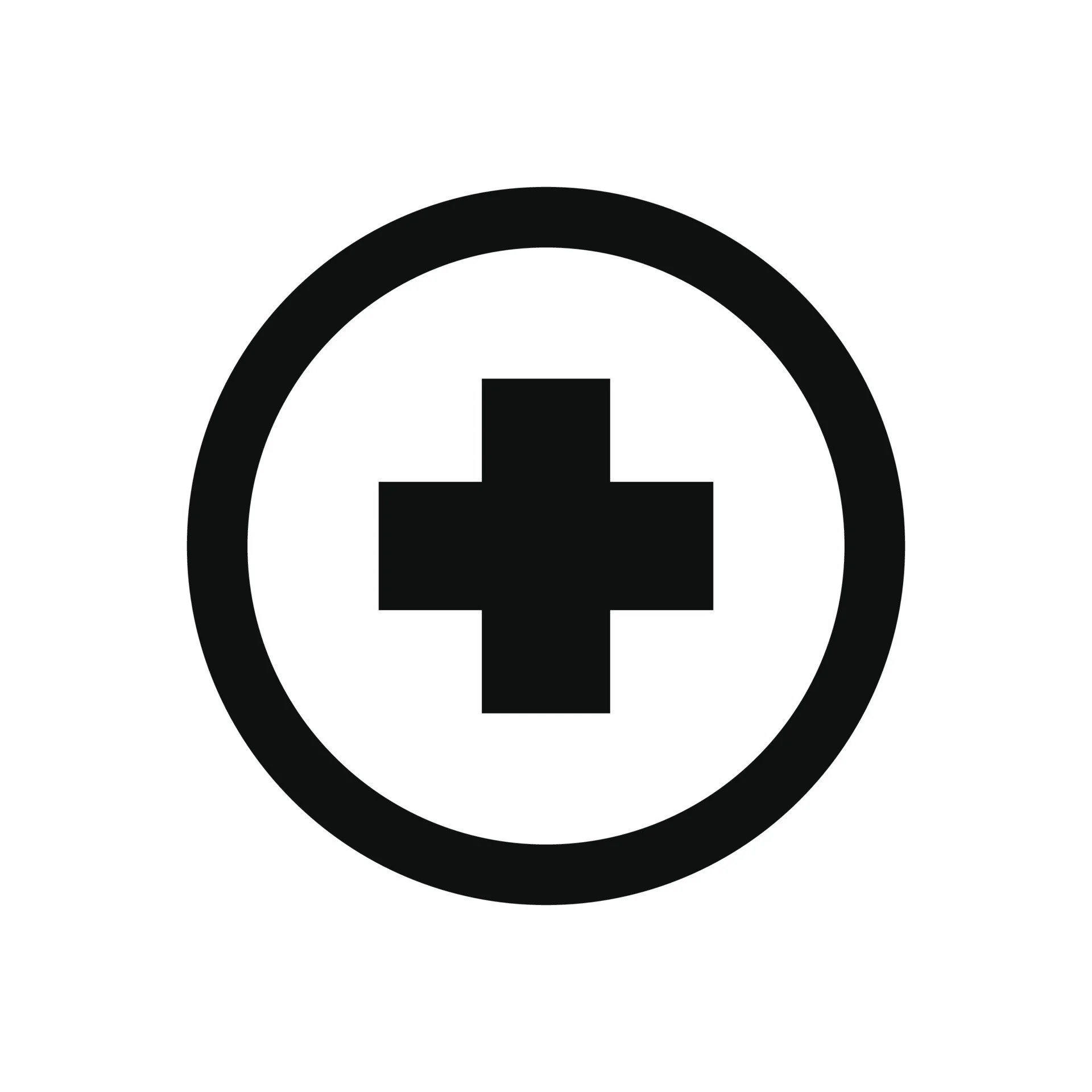 Black medical cross inside a circle on a white background.