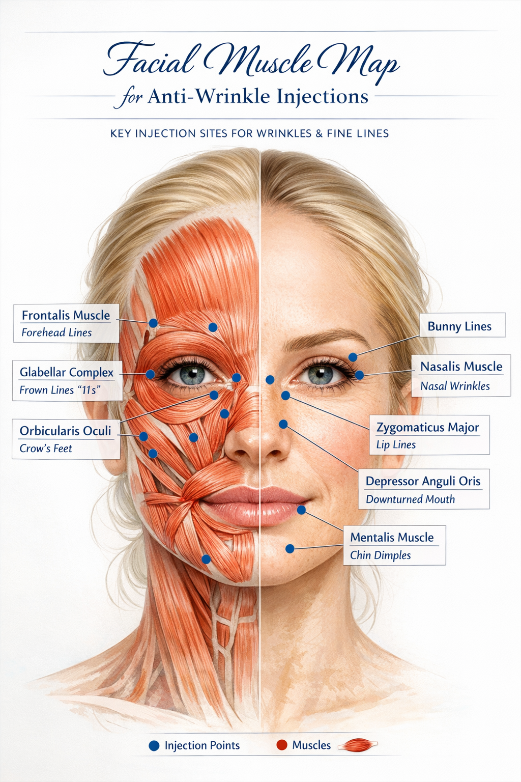 Clinical facial muscle map for anti-wrinkle injections at Restore Skin Clinic Wimborne.
