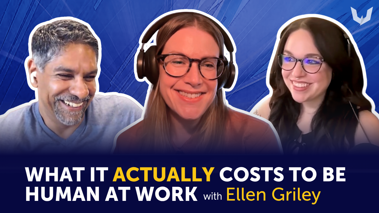 Ellen with Why Does it Feel So Wrong to be a Human at Work hosts Pinaki and Bree