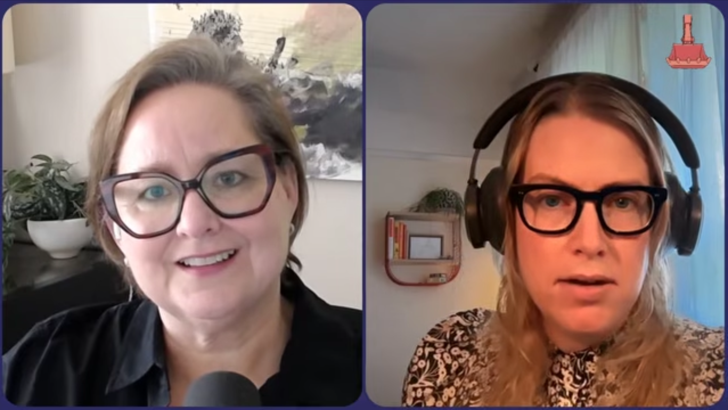 Ellen wears glasses and speaks with Debbie Braden who also wears glasses