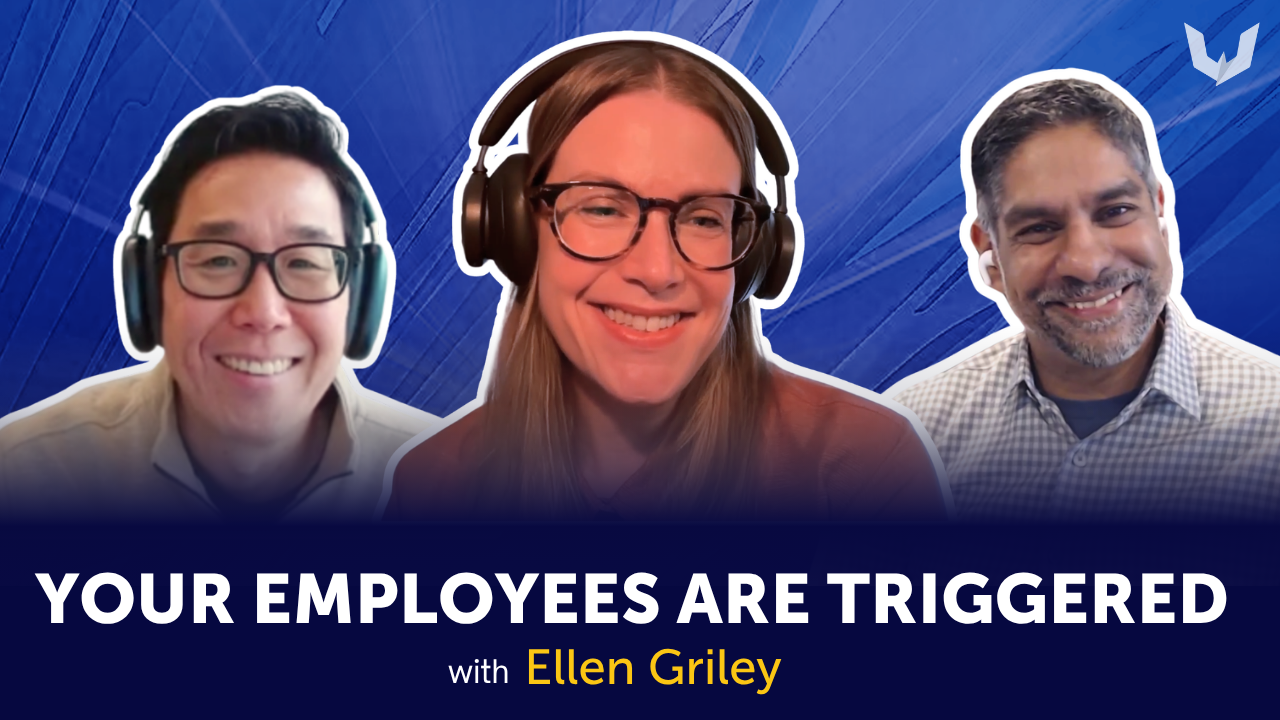 Ellen with Why Does it Feel So Wrong to be a Human at Work hosts Chris and Pinaki
