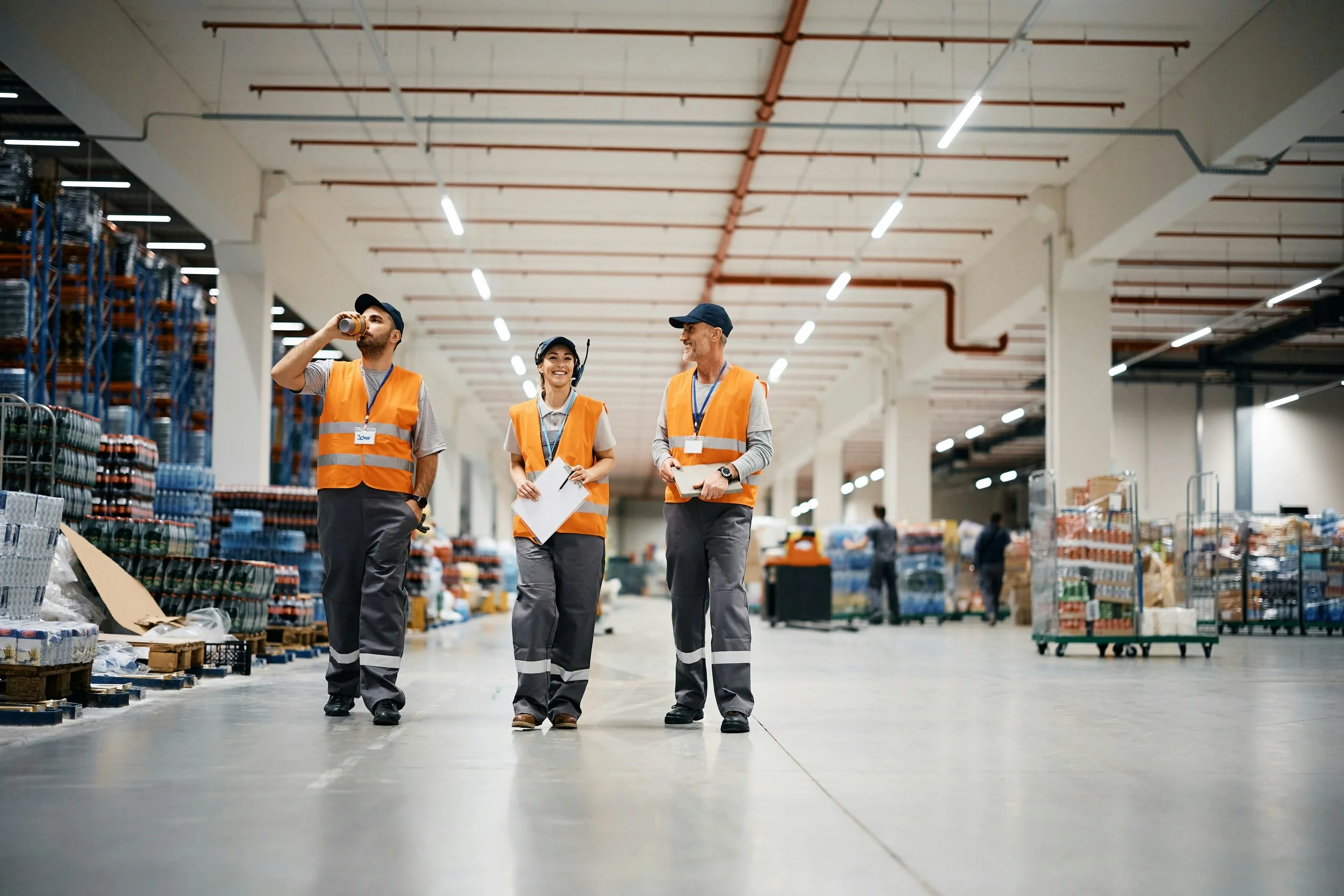 Three people wearing orange safety vests in a warehouse.