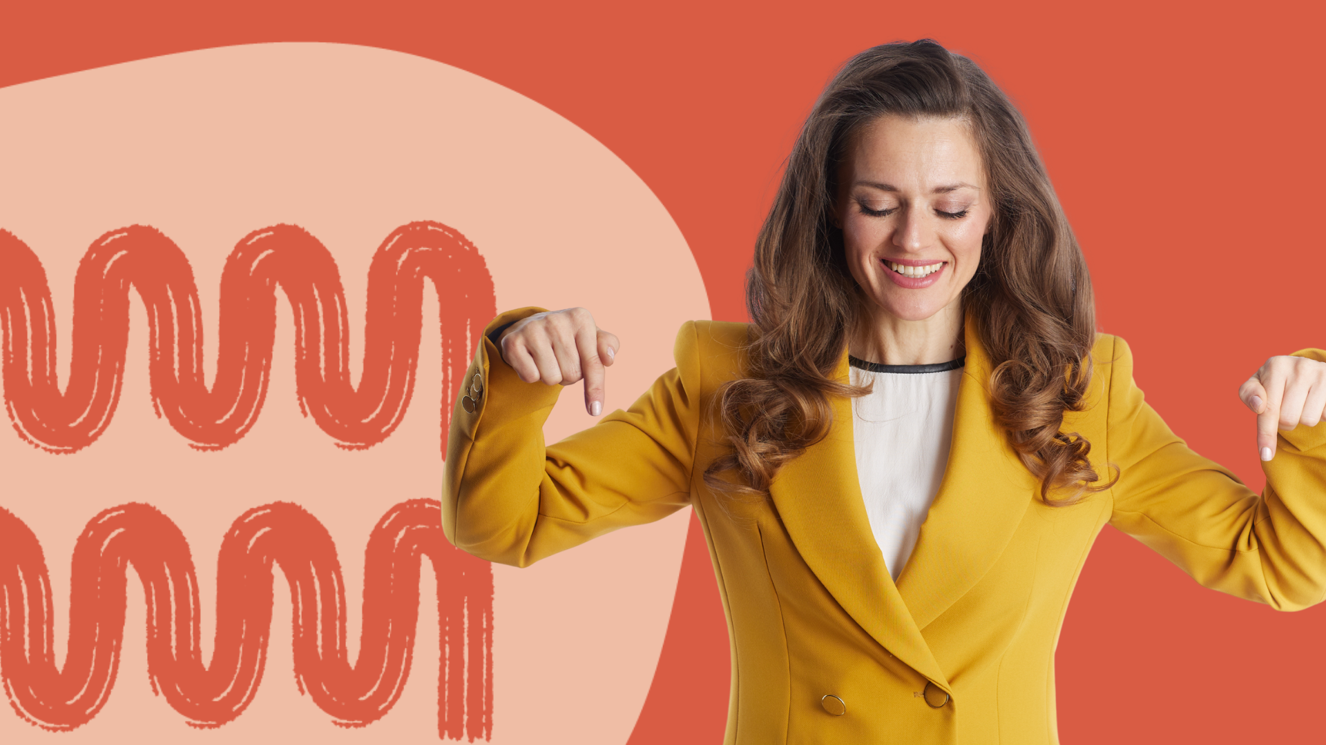 A woman in a yellow business blazer points down with her index fingers.