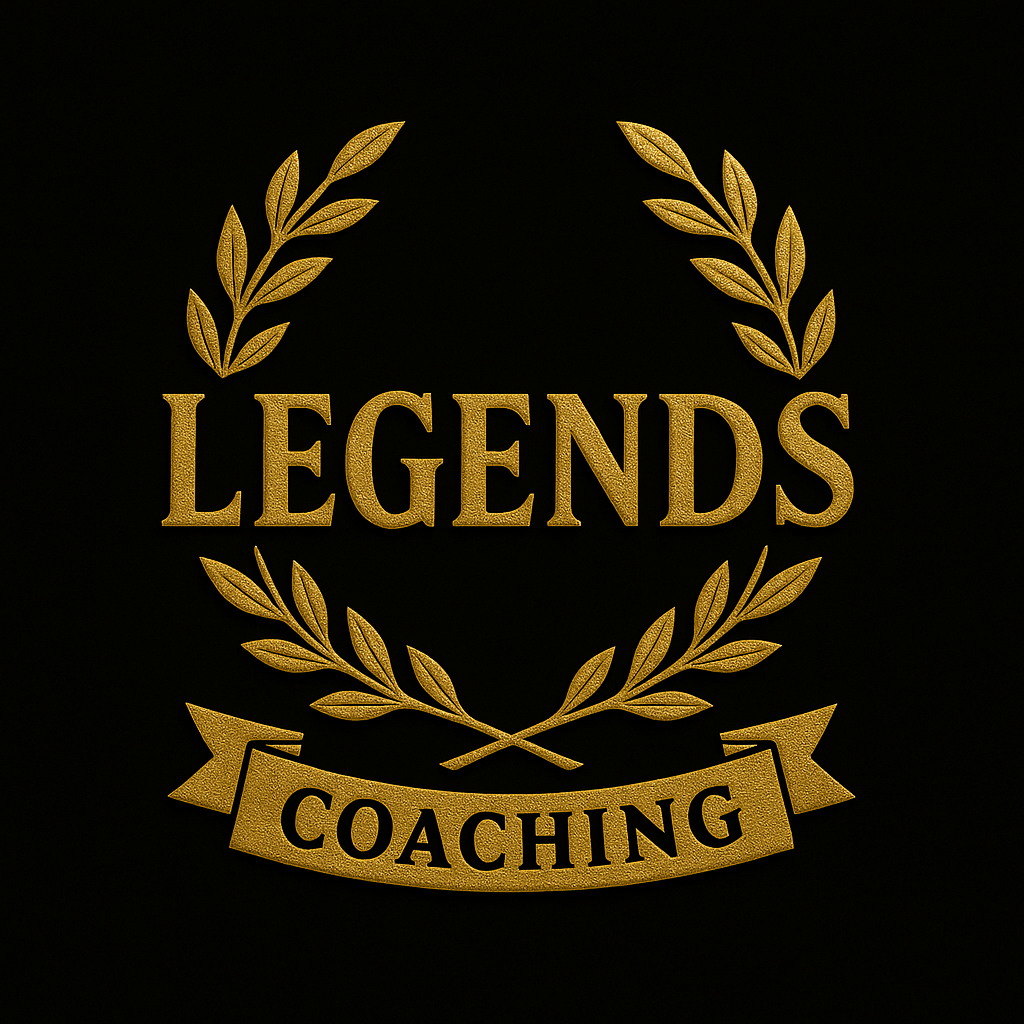 Gold text and laurel wreaths on a black background reading "Legends Coaching".