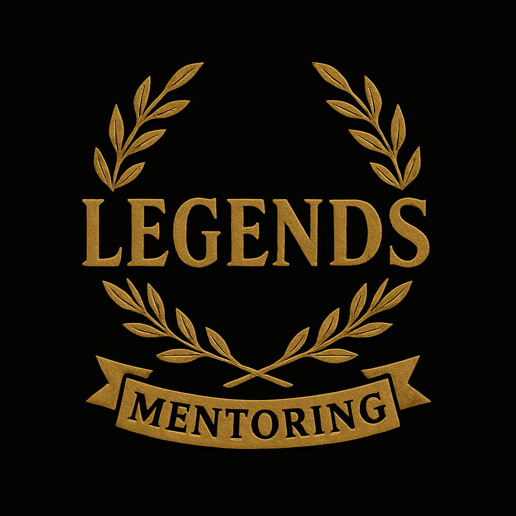 Gold text reading 'Legends' with a laurel wreath and a ribbon beneath it with 'Mentoring' on it, on a black background.
