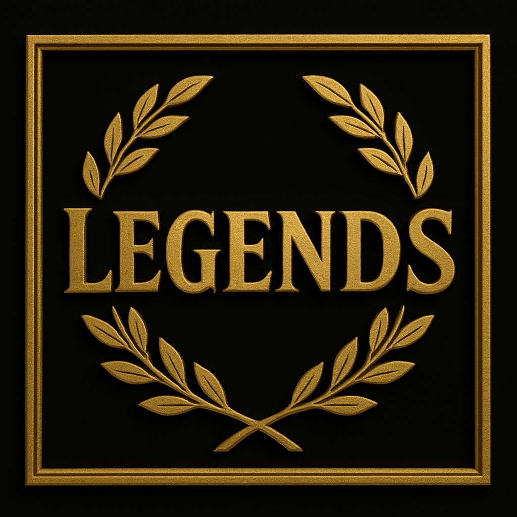 Gold plaque with the word 'LEGENDS' in the center, surrounded by a laurel wreath, on a black background.
