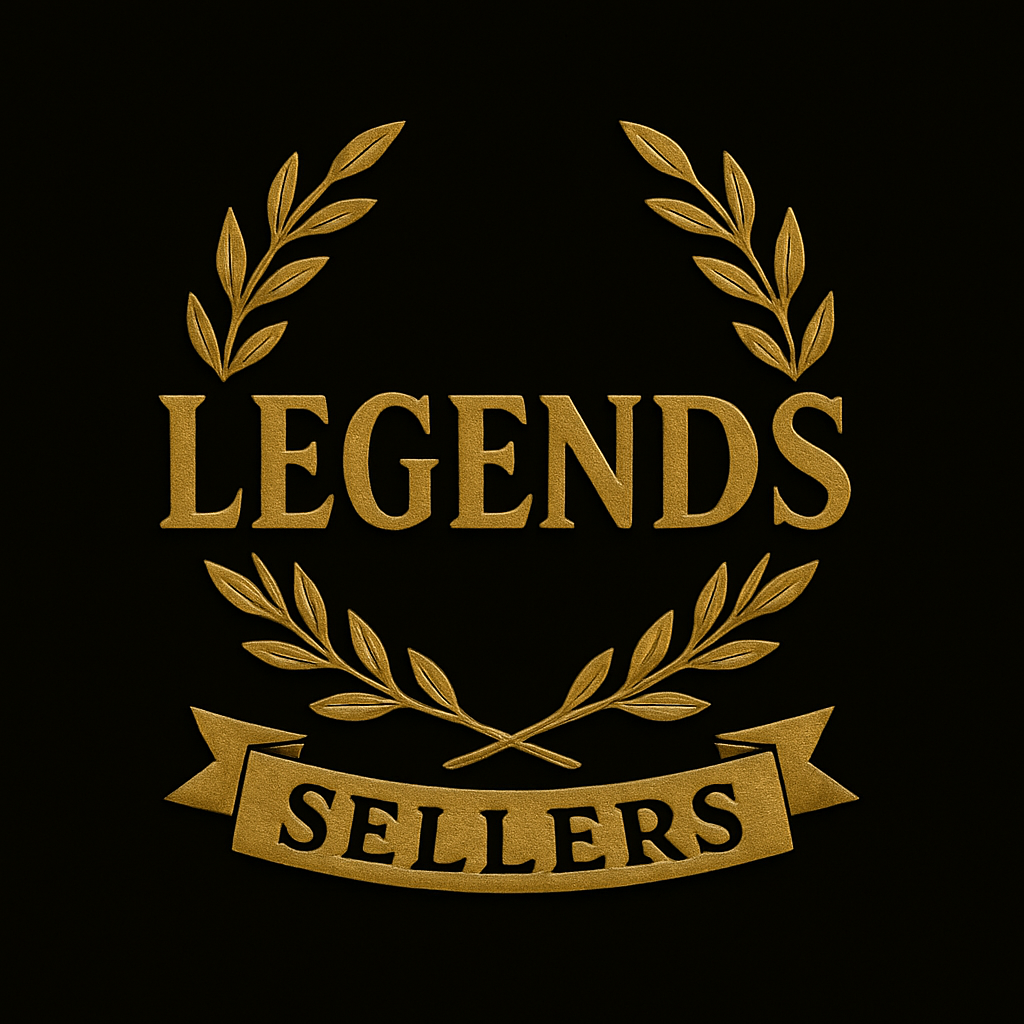 Gold emblem on black background with the words "Legends" and "Sellers" surrounded by laurel branches.