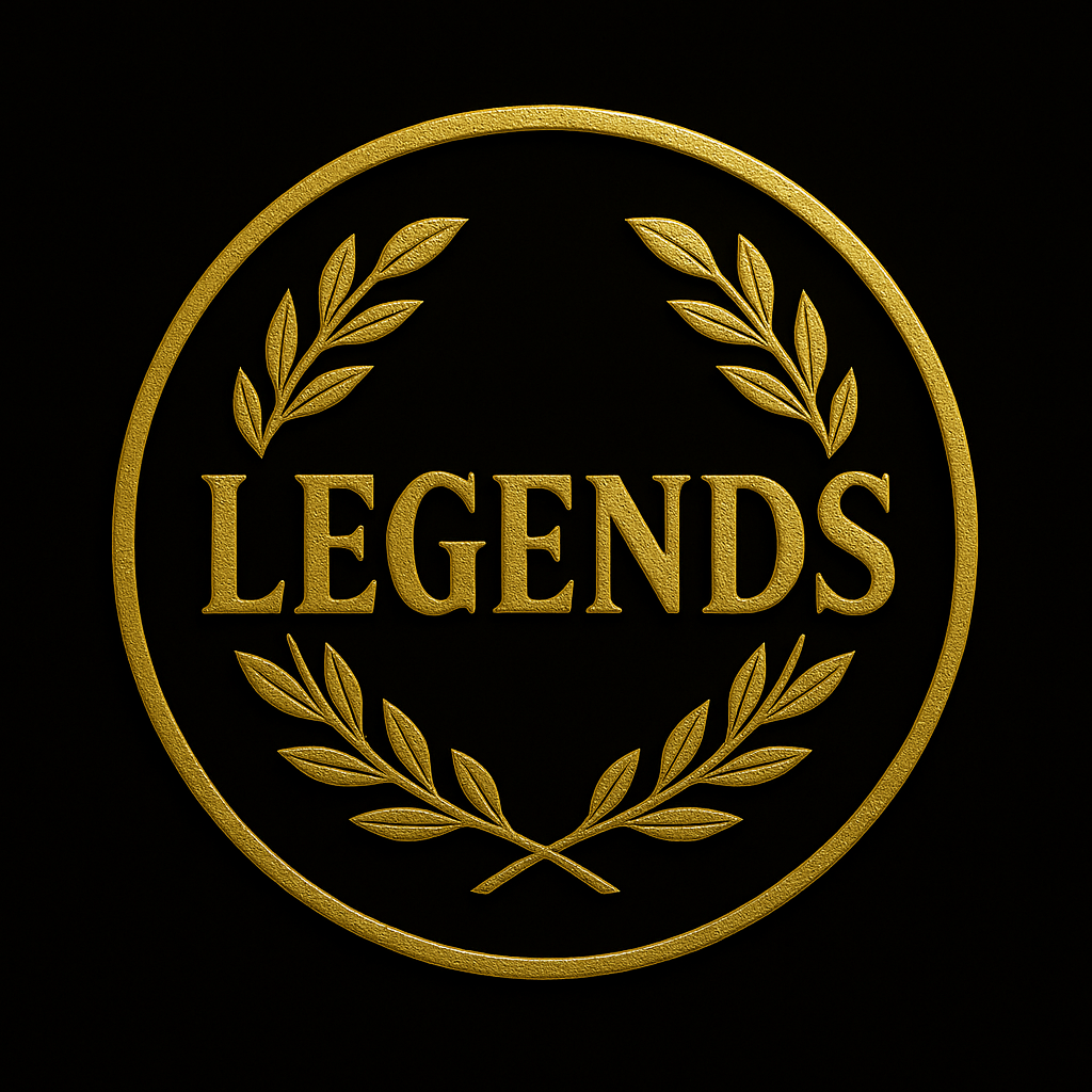 Gold emblem with the word 'Legends' in the center, surrounded by a laurel wreath, on a black background.