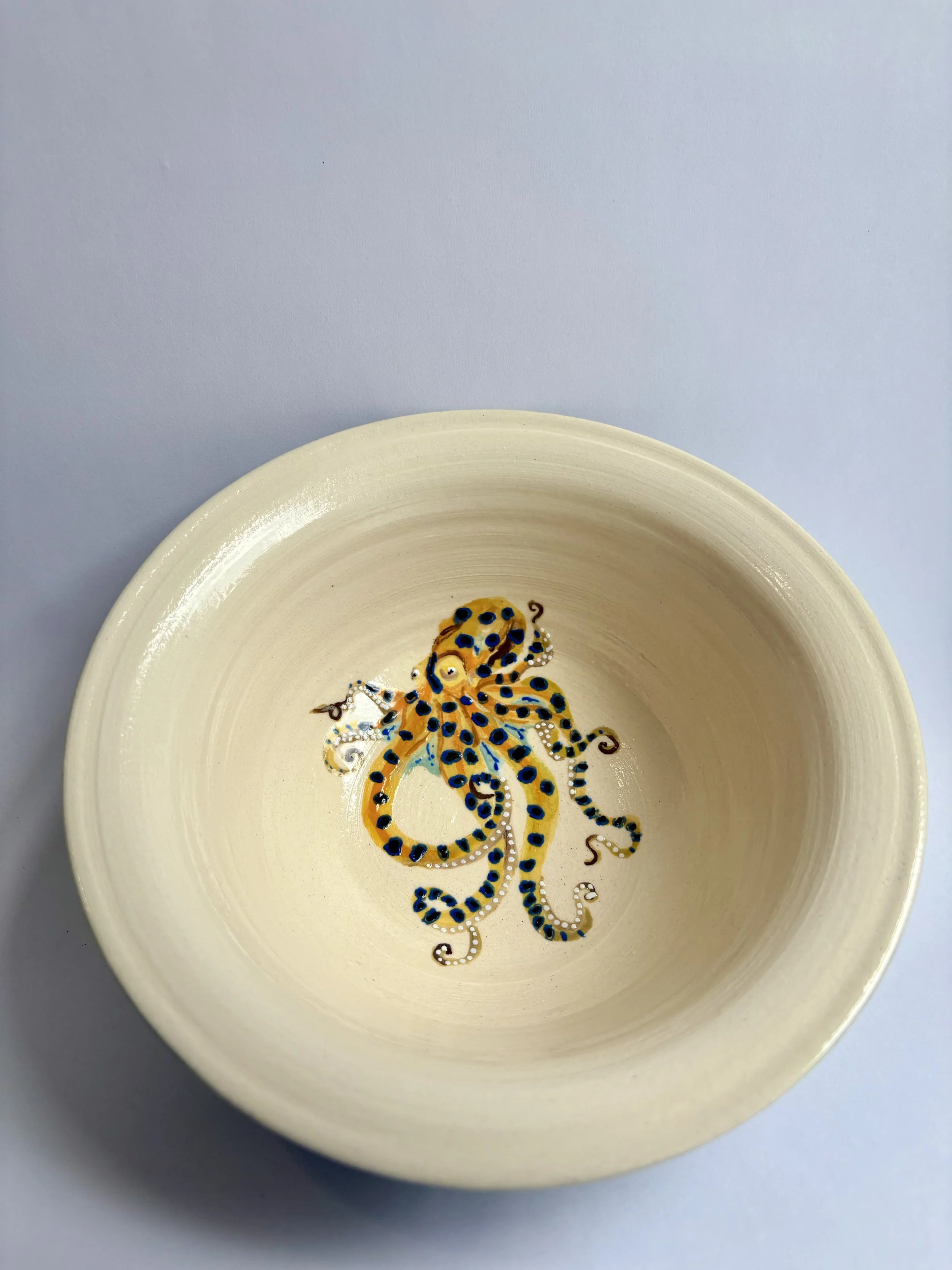 A ceramic bowl with an illustration of an octopus at the bottom, with yellow, blue and brown colouring. With a white background.