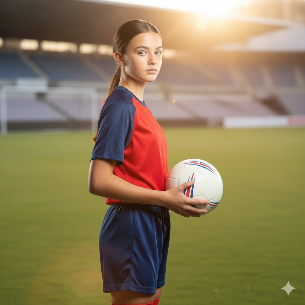 A young female soccer player in a red and blue uniform standing on a soccer field, holding a white soccer ball with red and blue accents, with stadium seating and a goal in the background during sunset.