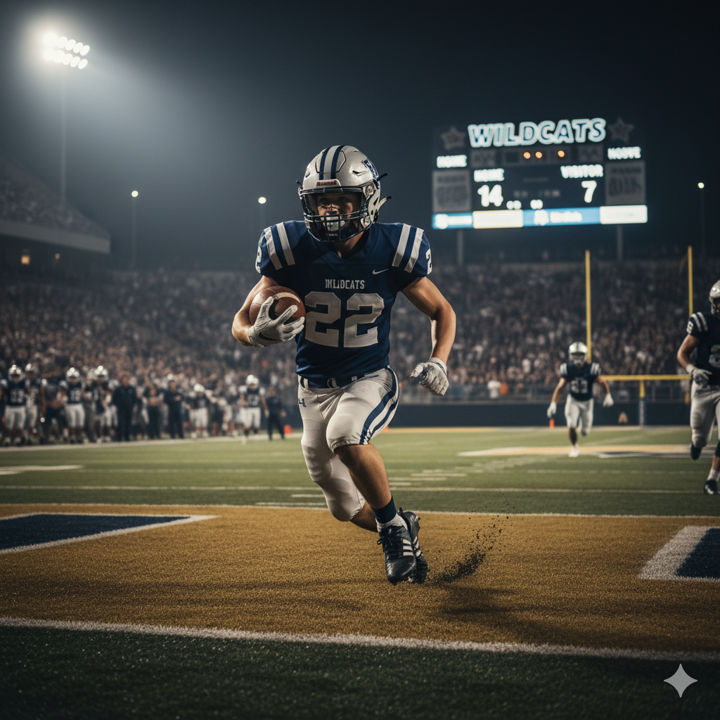 A football player wearing a blue and white uniform with the number 22, running with the ball into the end zone during a game at night, with a scoreboard in the background showing the Wildcats leading 14 to 7.