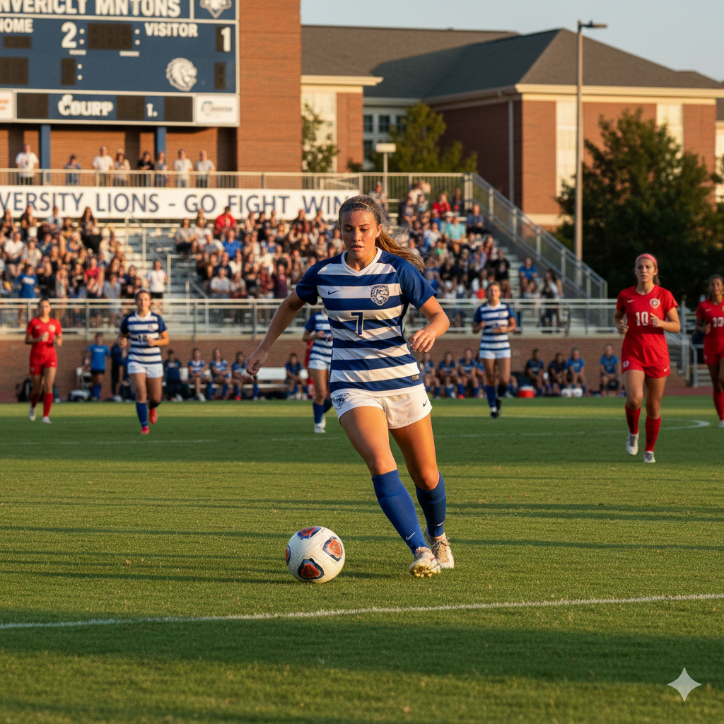 A female soccer player in a blue and white striped jersey with the number 7, running on the field and about to kick a soccer ball. There are other players and spectators in the background.