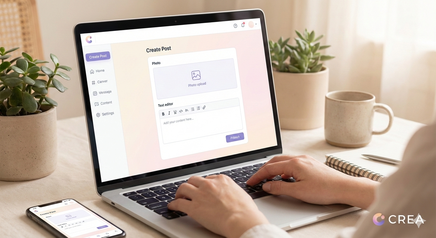 A person working on creating a social media post on a laptop, with a smartphone nearby. The laptop screen displays a post creation interface with options for adding a photo, text, and publishing.