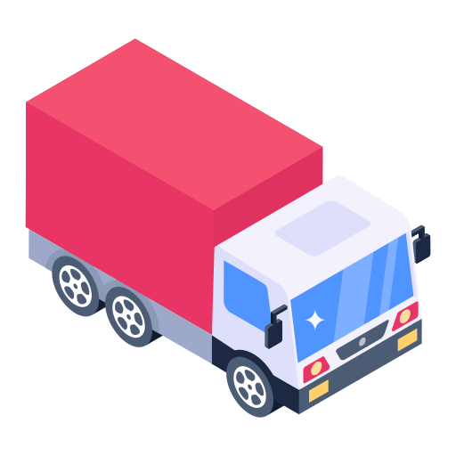 Isometric illustration of a delivery truck with a red cargo container and blue cab.
