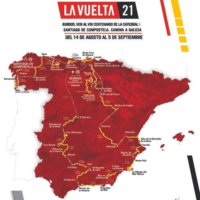 Red map of Spain showing the stages of the bike race Vuelta de España 2021