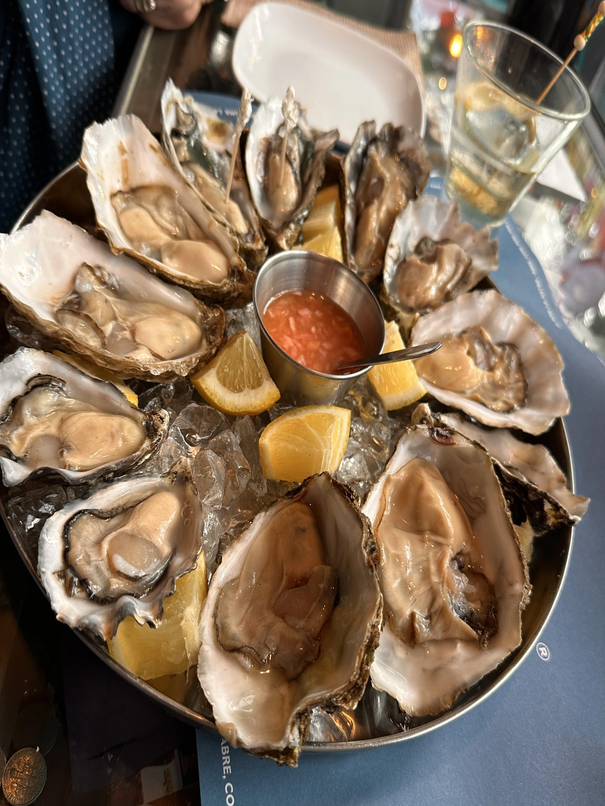 Oysters served on a tray full of ice at the Ostrarium Bar in Denia