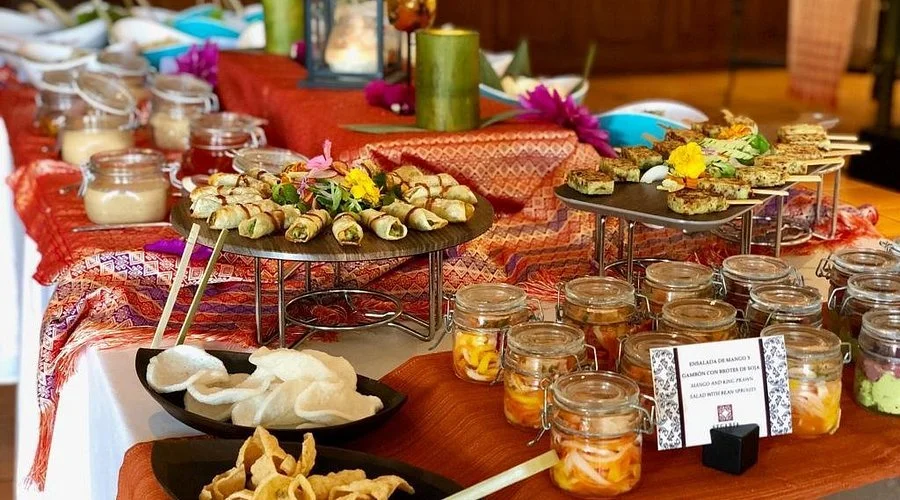 A Thai food buffet table in Segaria Thai Fusion at Denia Marriott La Sella