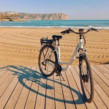 A bike on a boardwalk in front of a beach and the sea with a mountain in the background