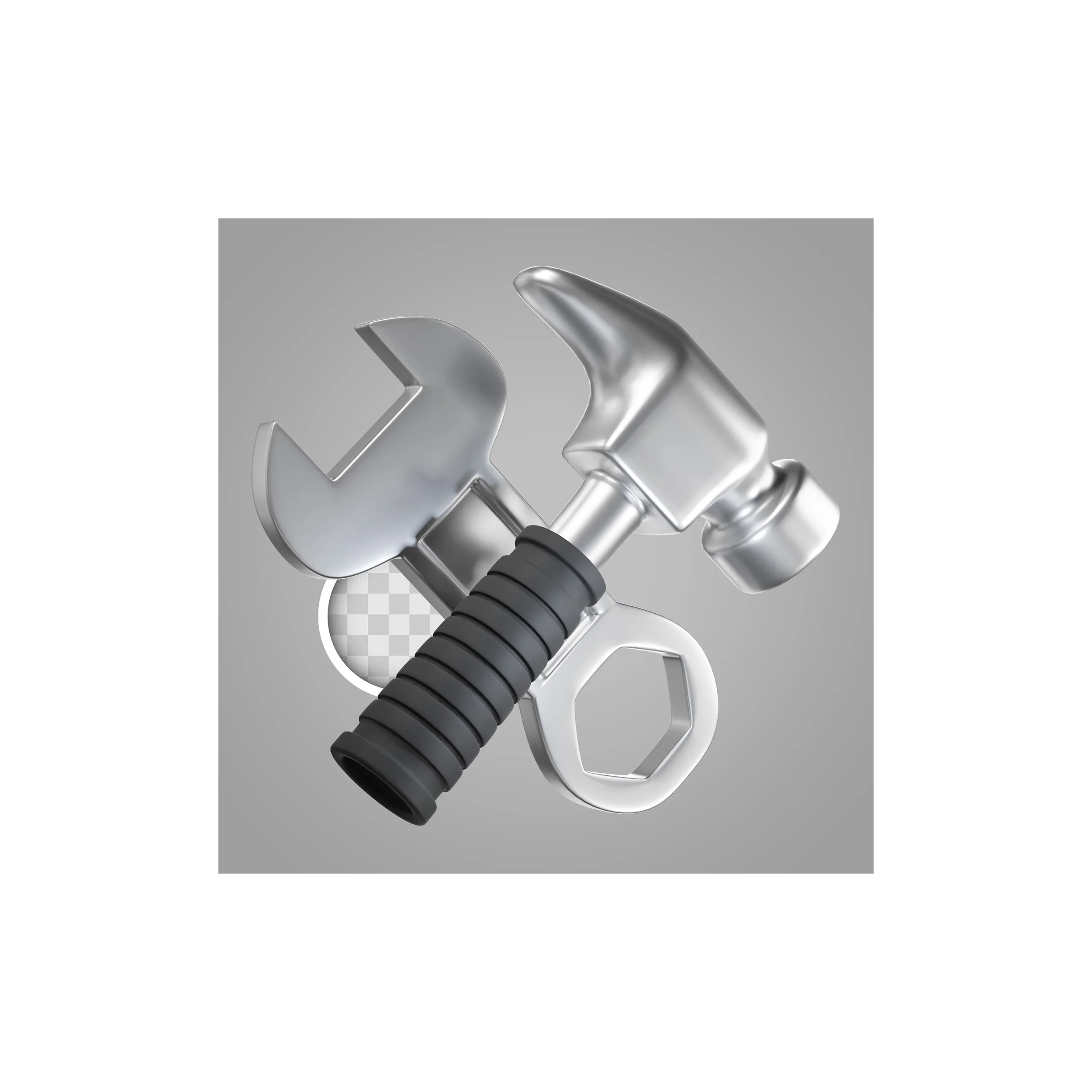 Photo de deux outils en métal, une clé à molette et un marteau, croisés avec un fond gris.