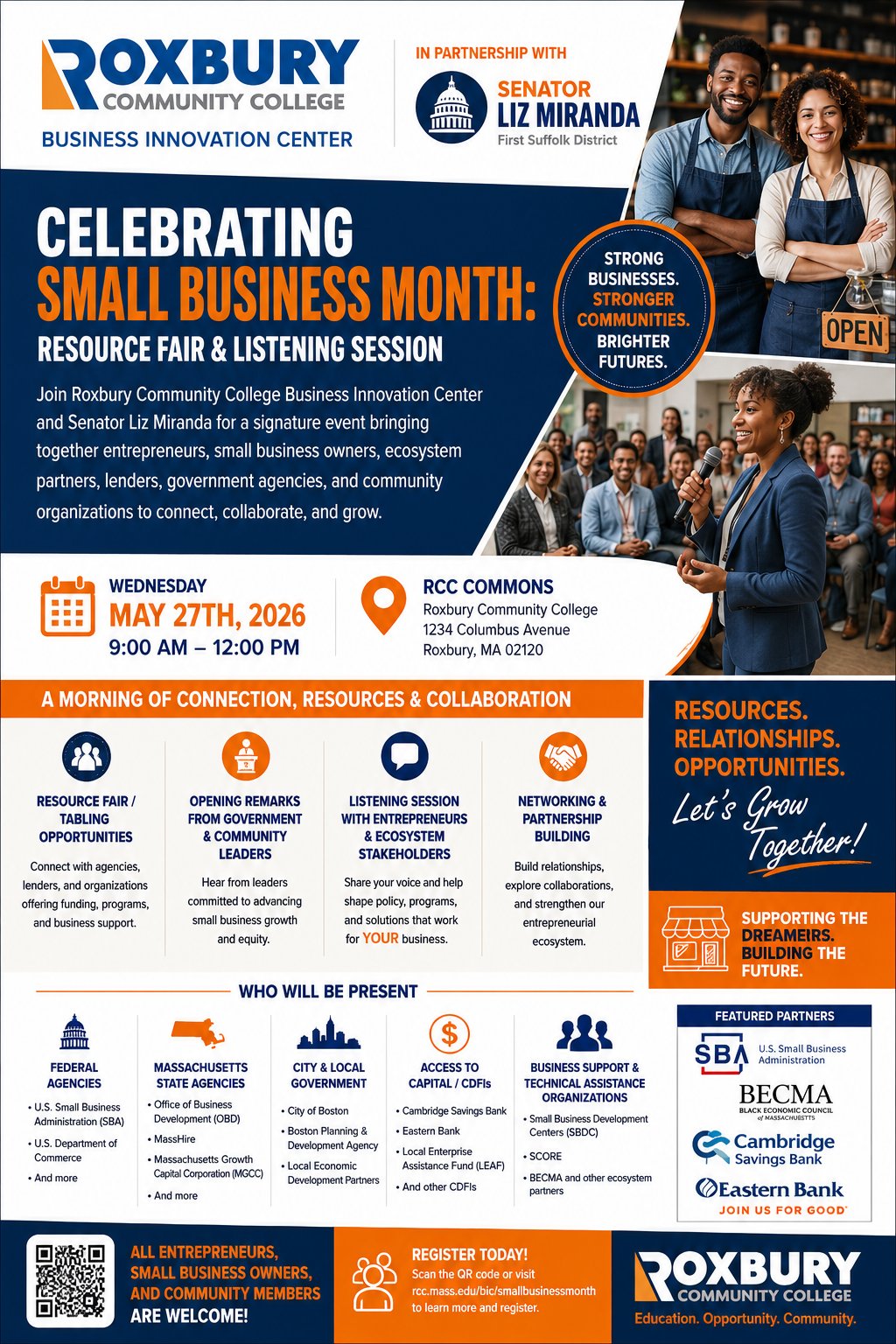 Poster announcing Small Business Month event at Roxbury Community College with details on date, time, location, activities, and partners.