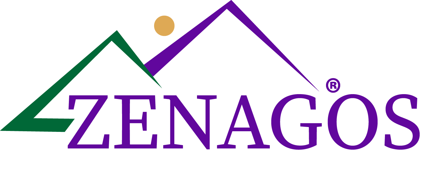 Logo with mountain silhouettes and the word 'ZENAGOS' in purple