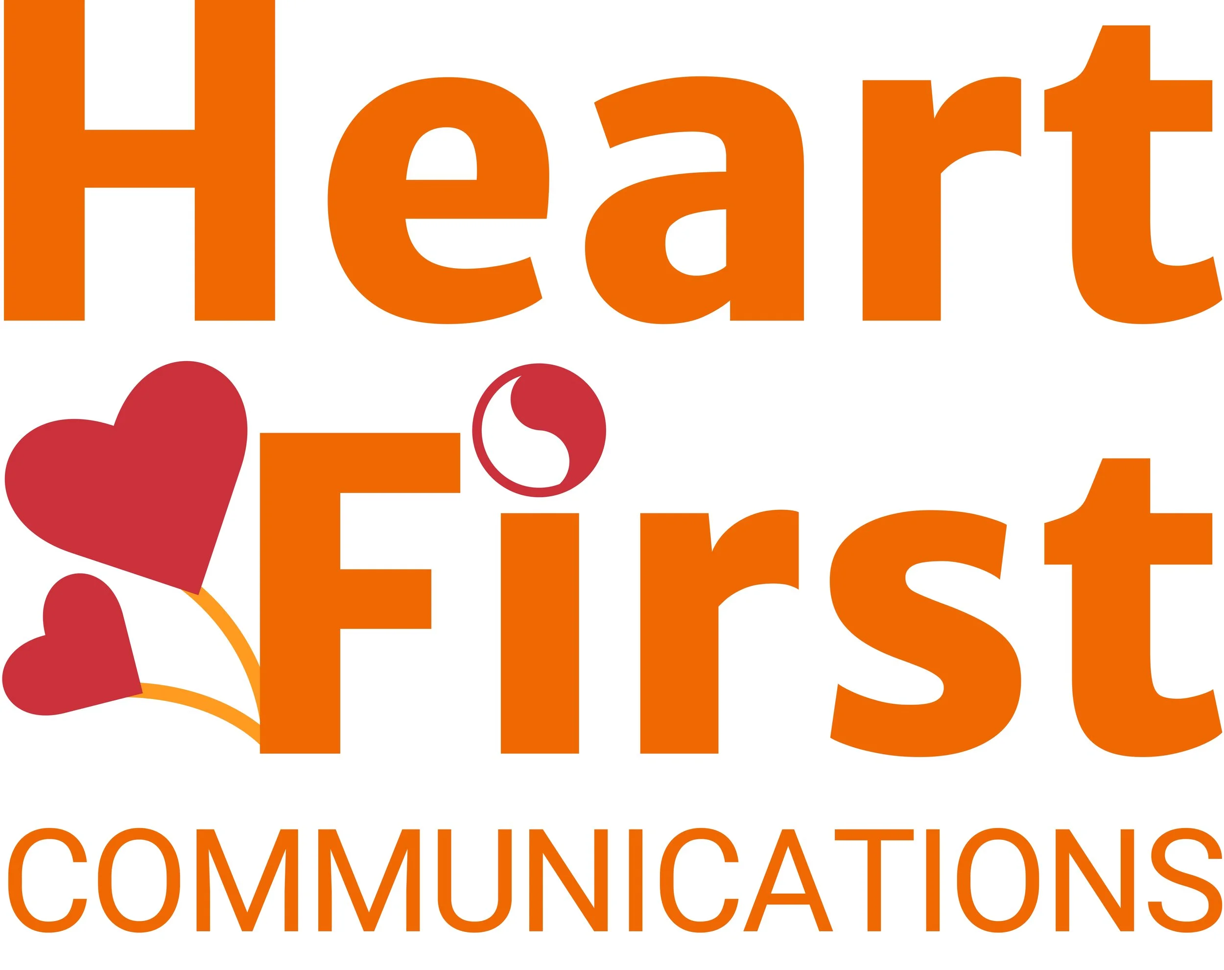 Logo with large orange text 'Heart' and 'First' separated by a stylized red heart and a wine glass icon, with smaller orange text 'Communications' at the bottom.