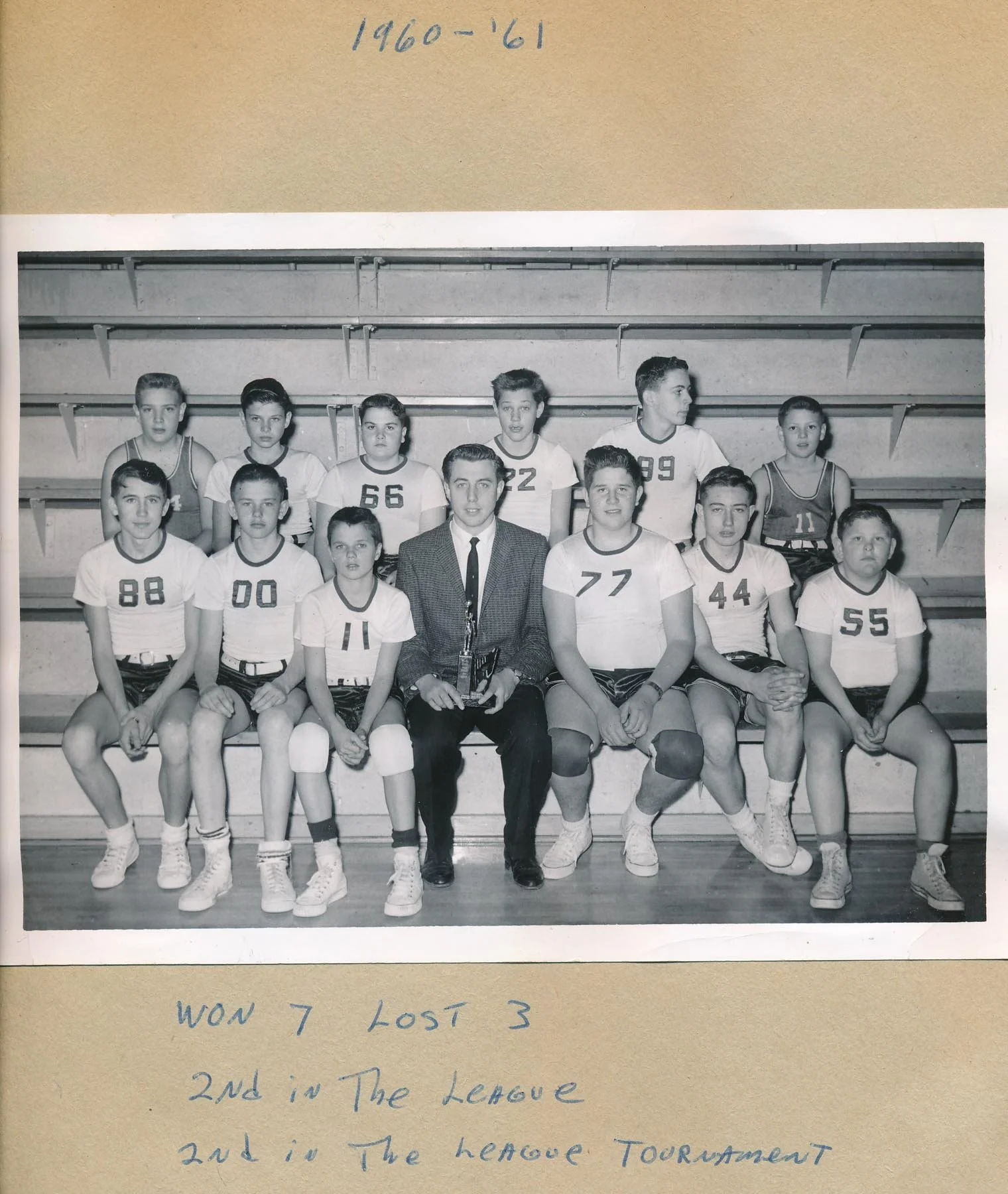 Black-and-white photo of a high school basketball team with players in uniform and a coach in a suit, sitting and standing in a gymnasium with bleachers in the background. Noted handwritten caption indicates the year 1960-61, their league standing as second place, and that they are runners-up in the league tournament.