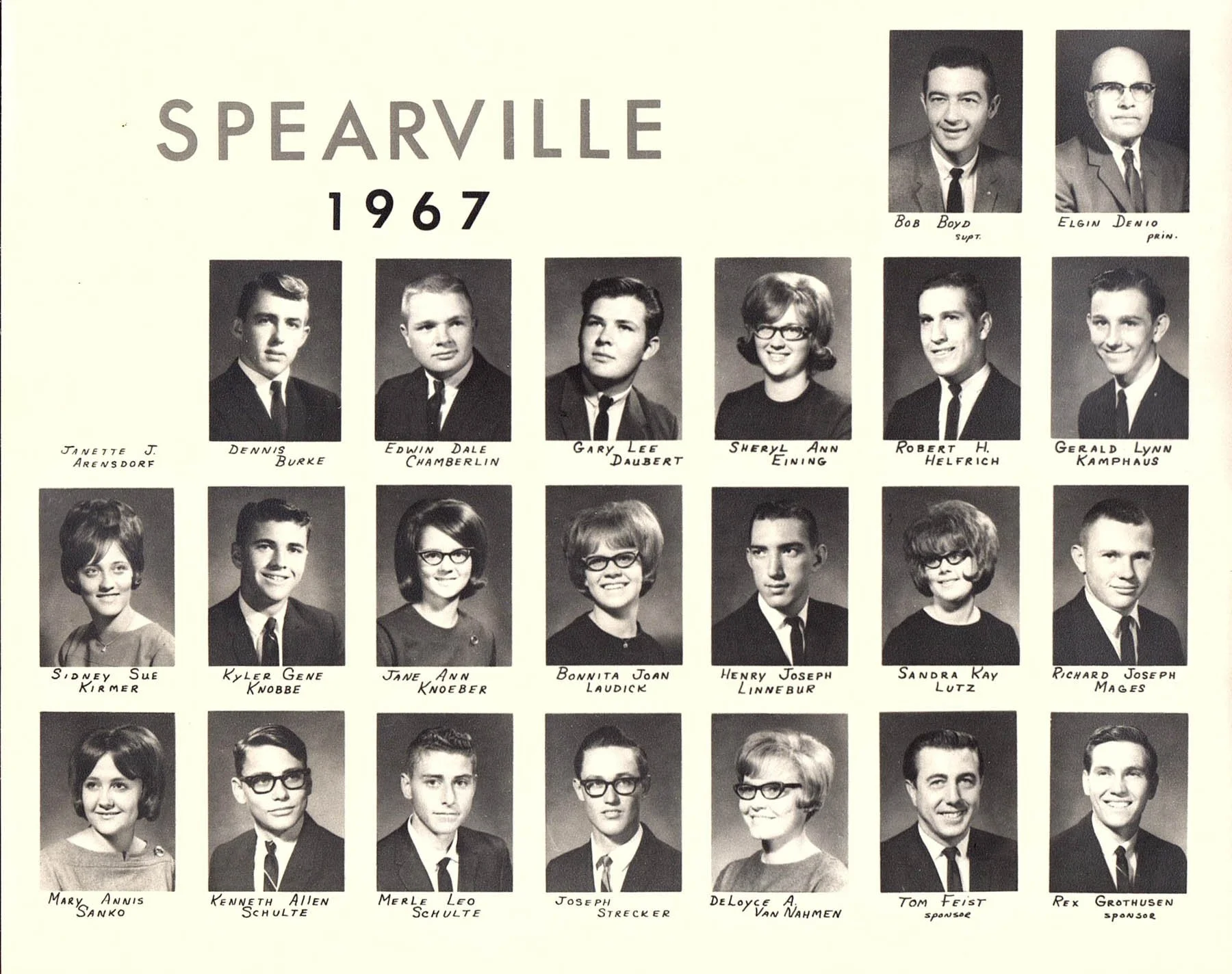 Black and white class yearbook photo of students and staff from Spearville in 1967, with individual portraits and handwritten names.