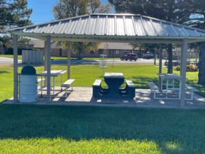 A park pavilion with a metal roof, picnic tables, and a trash can, surrounded by green grass and trees.