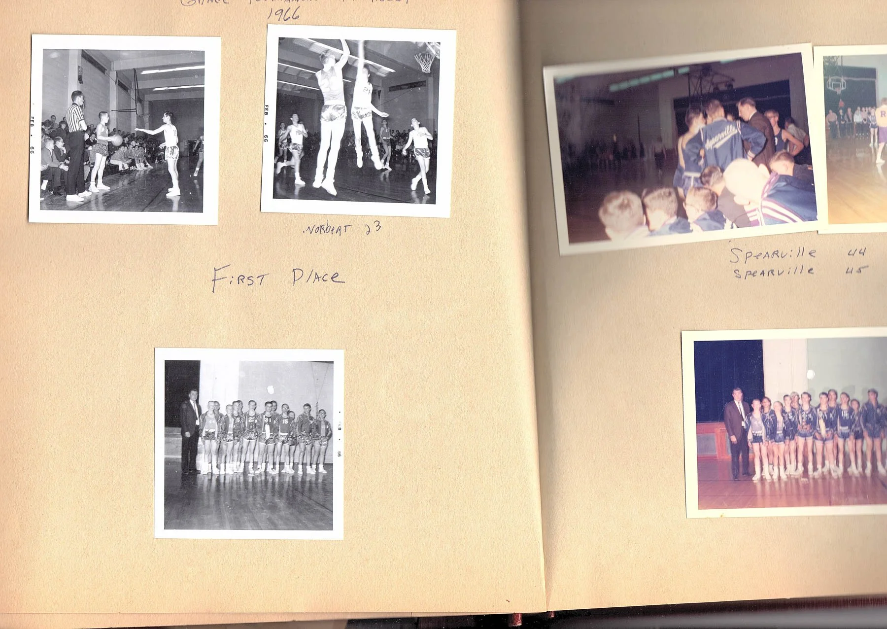 A scrapbook page with five photographs of basketball and volleyball teams and games. Handwritten notes label the photos with player names and team details, such as "Norbert 23" and "Sparville 44." The phrase "First Place" is written in the center.