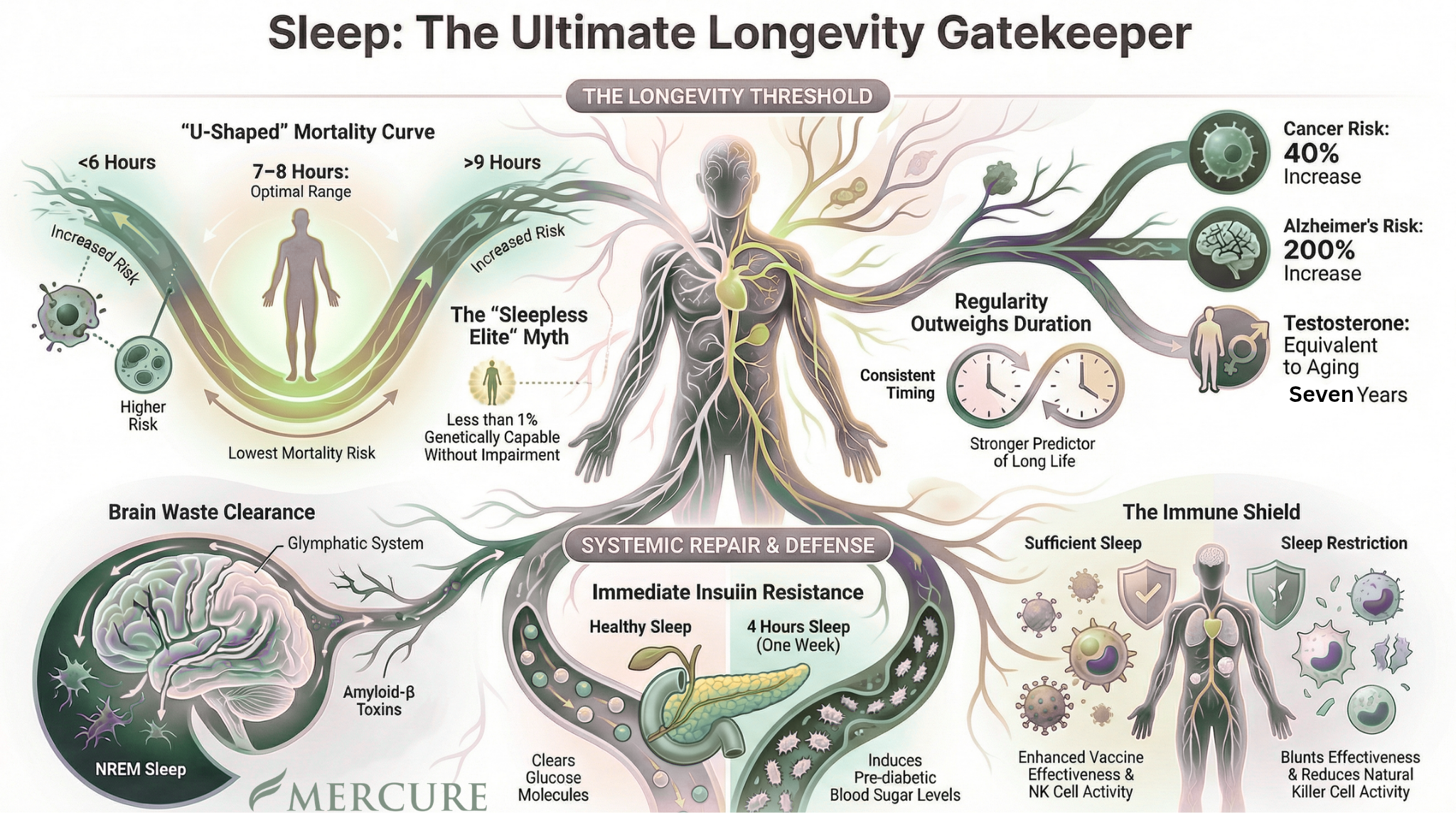 “Sleep as a Longevity Gatekeeper” The U-shaped mortality curve (sleep regularity + brain + metabolic/hormonal + inflammation/immune)