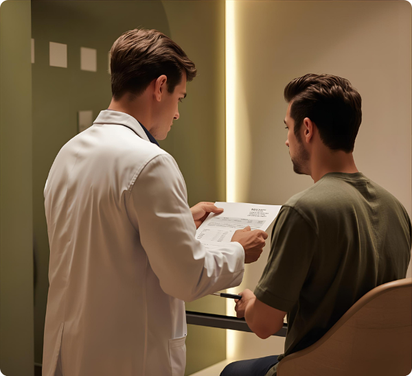 A doctor in a white coat consulting with a male patient in a medical office.