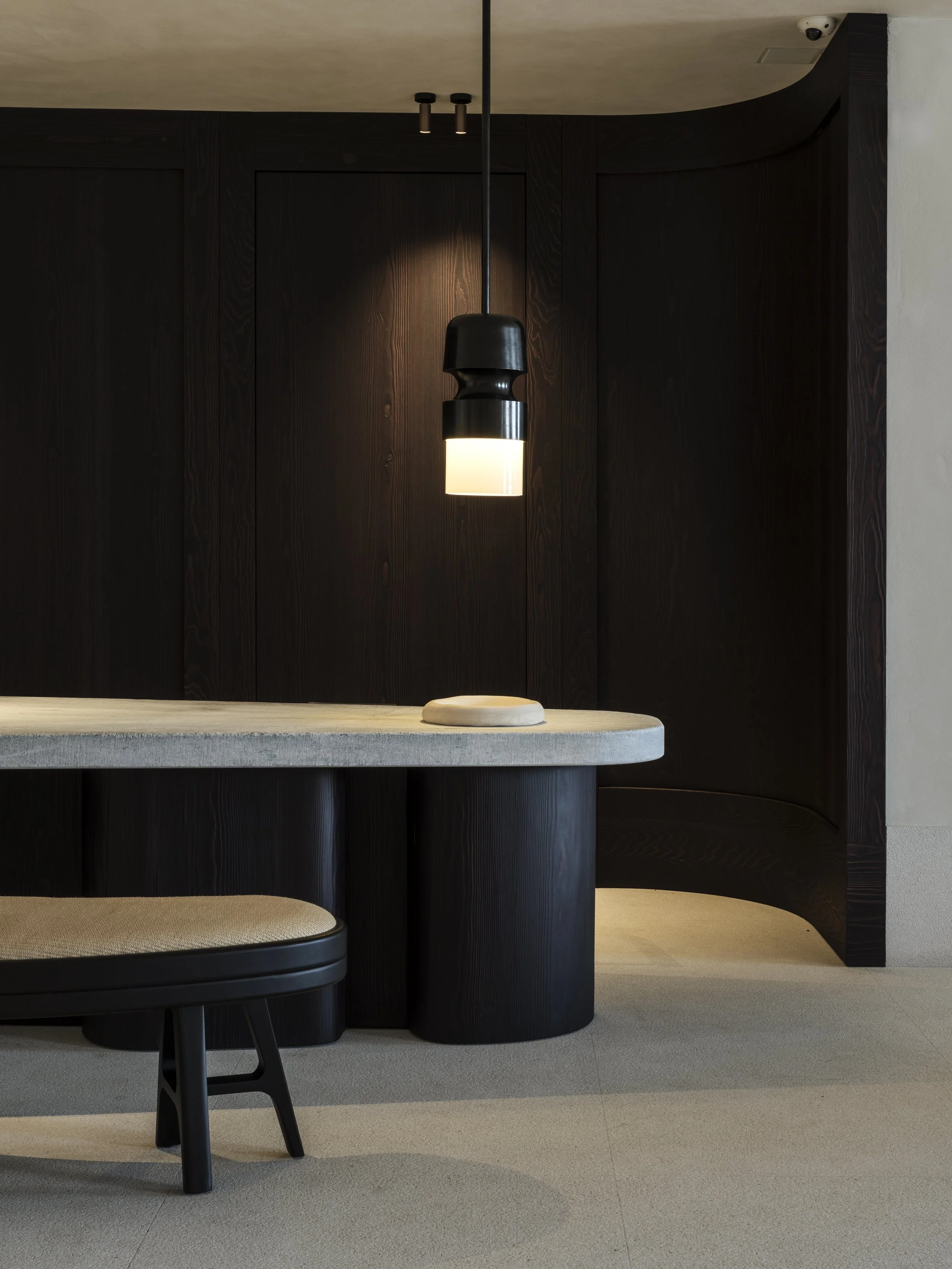Modern interior with a black and white pendant light, dark wooden wall, light-colored table, and beige carpet.