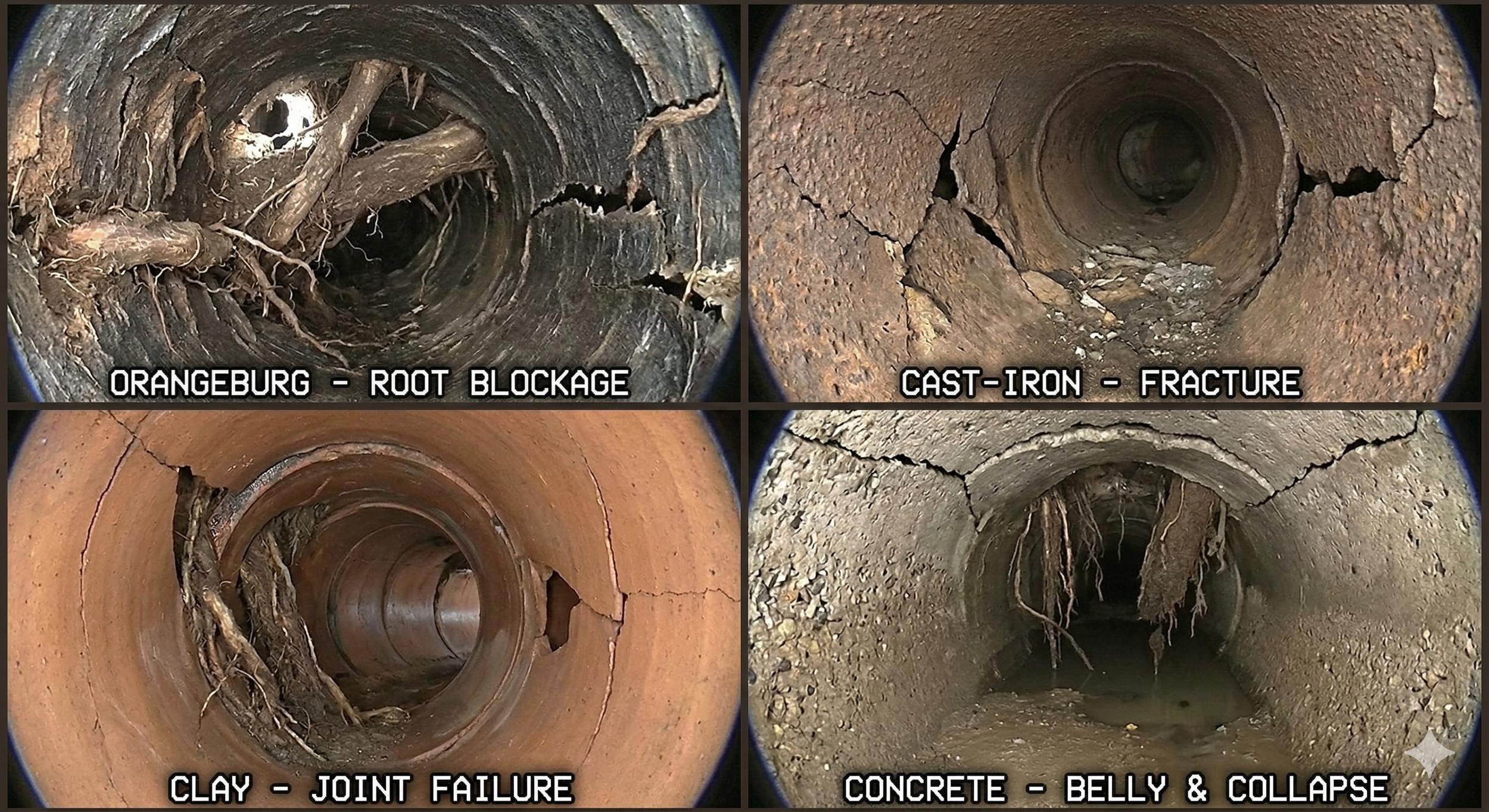 Four examples of sewer pipe defects identified during a sewer scope inspection, including cracks, separated joints, deteriorated pipe walls, and other conditions that can lead to costly sewer repairs.
