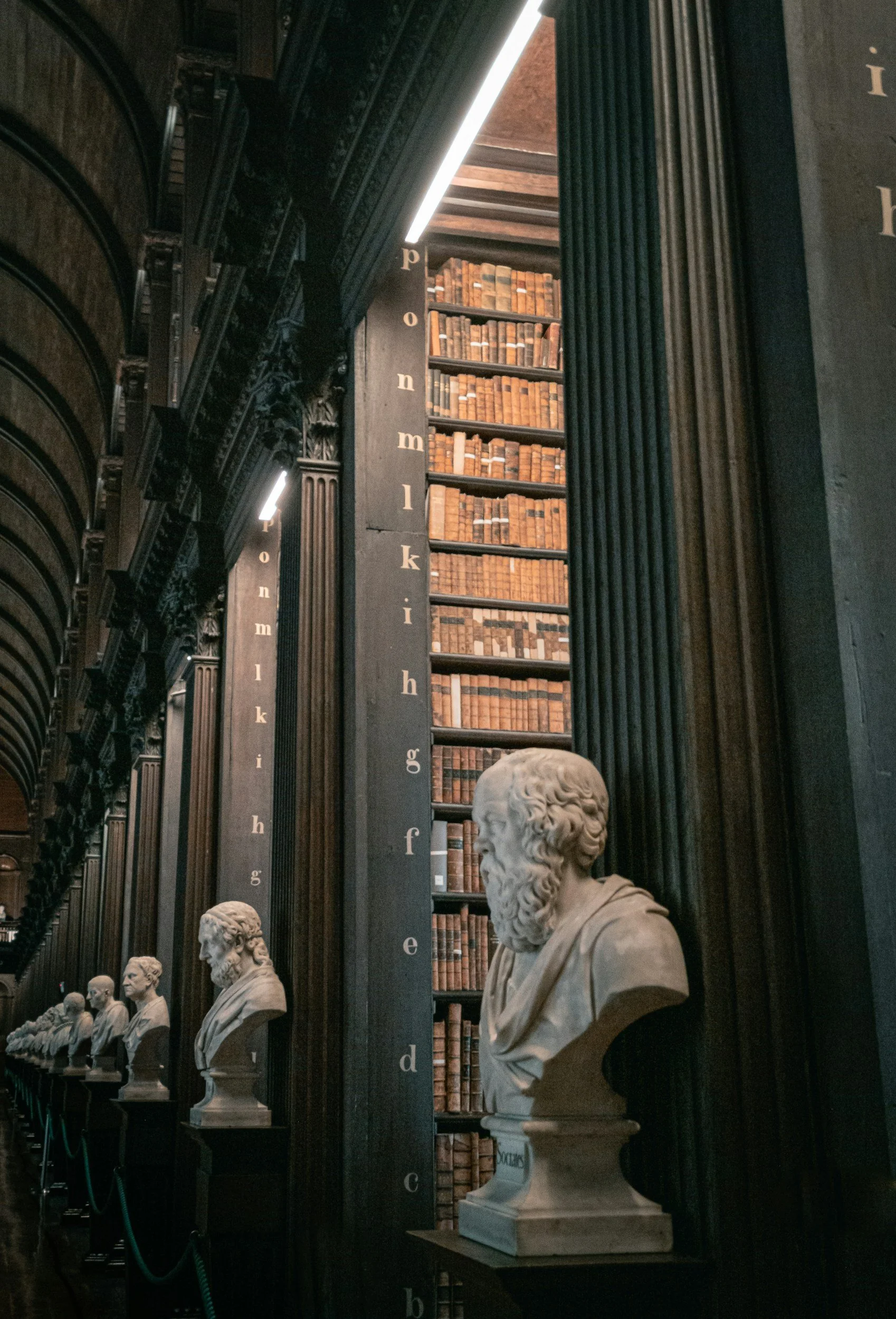 Rows of bust sculptures and tall bookshelves filled with old books inside a historic library.