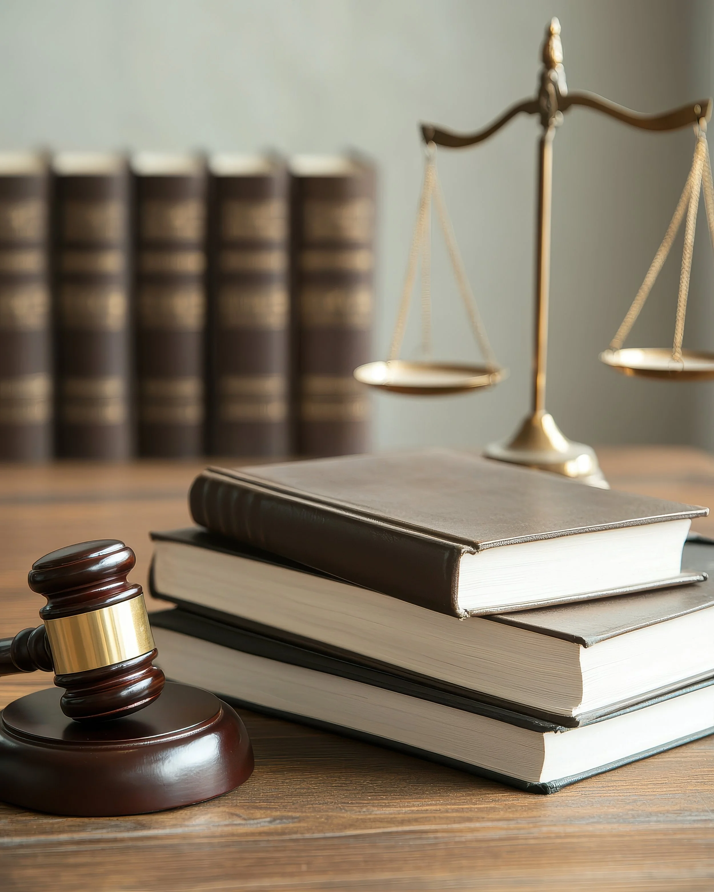 A gavel, books, and a scale of justice on a wooden table in a law office or courtroom.