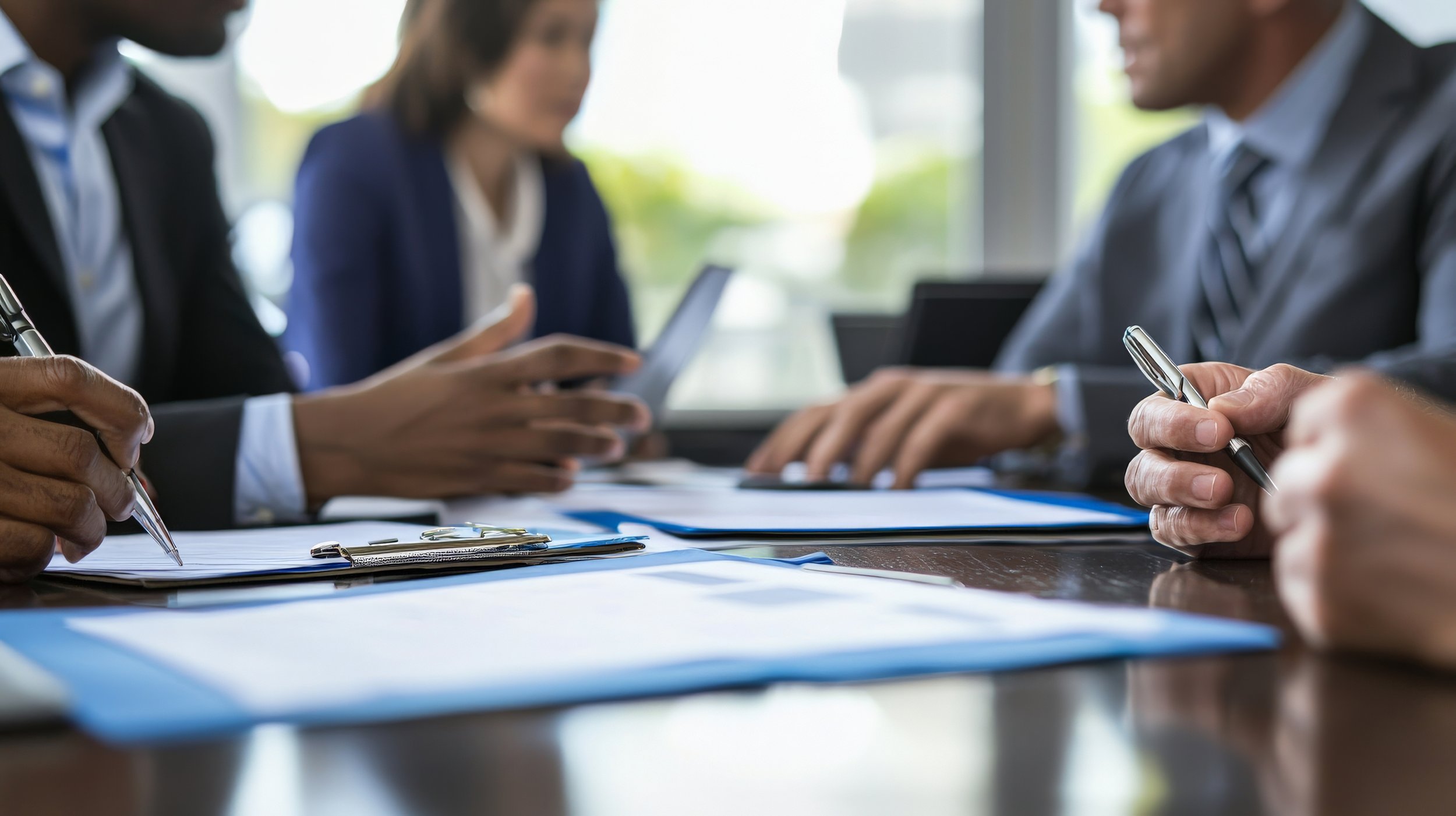 Business professionals in a meeting room with papers, tablets, and pens on the table.
