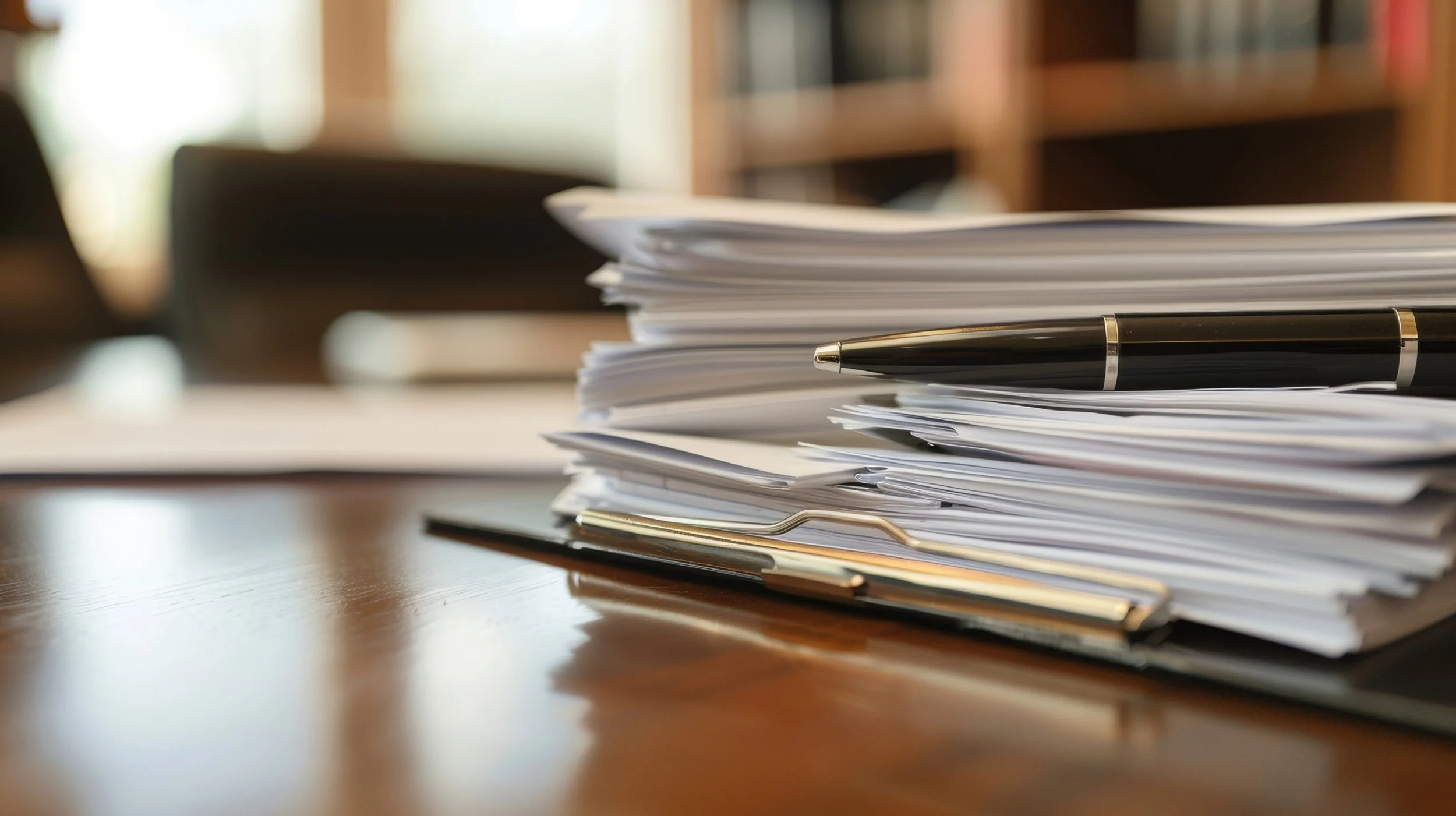 A cluttered desk with stacks of paperwork, a pen, and a clipboard on a wooden table, with a blurred background of furniture.