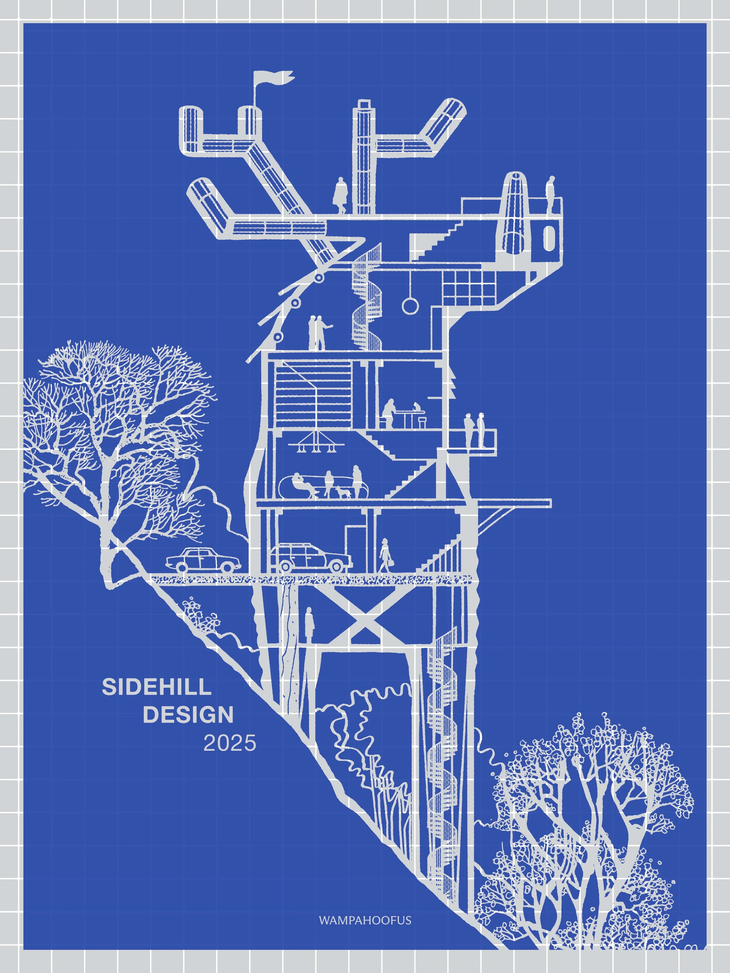 Whimsical architectural plans of a hillside structure shaped like a wampahoofus.